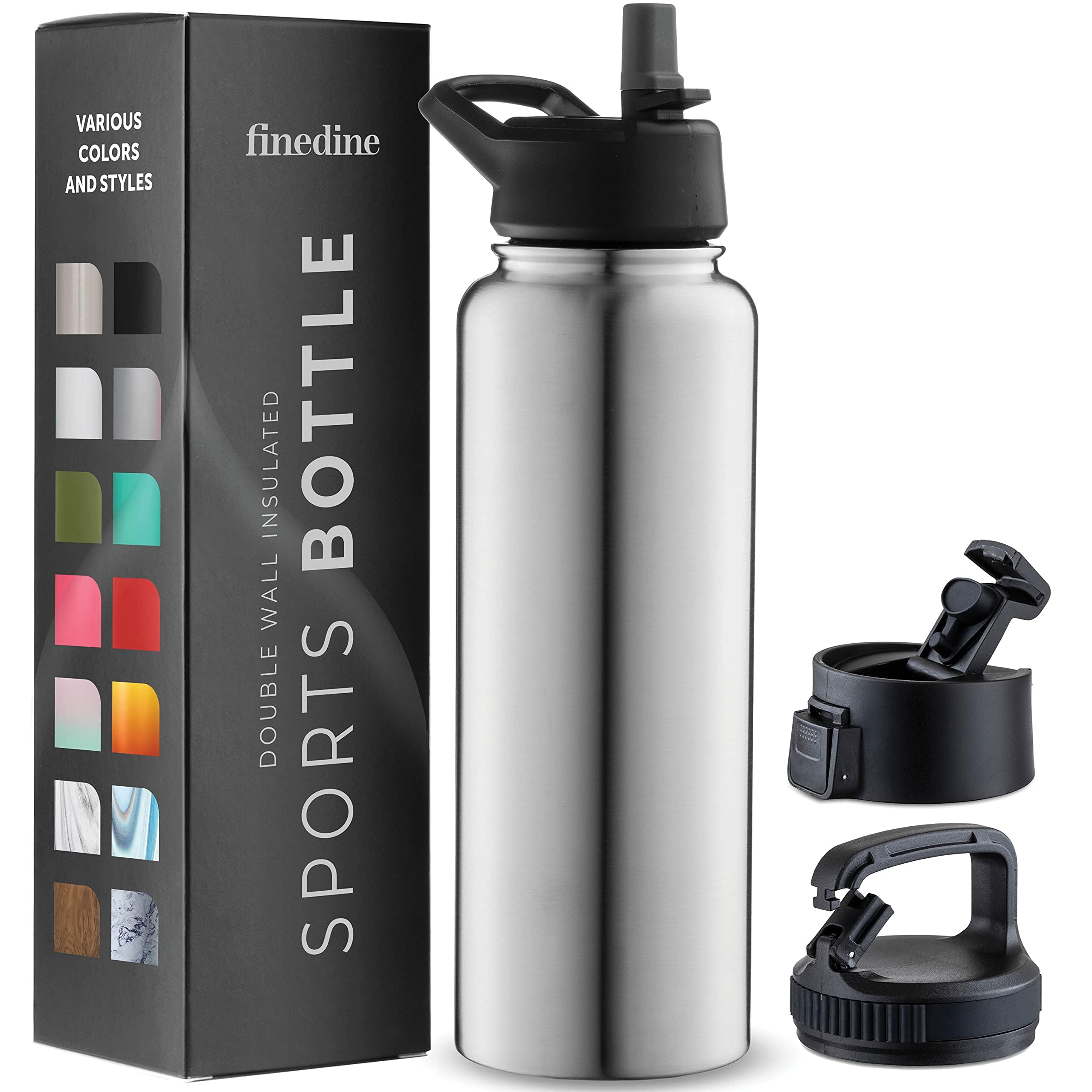GARUET 1180ml Triple Walled, Insulated Water Bottles with Straw - Stainless Steel Metal Bottle W/ 3 Leak Proof Lids - For Travel, School, Sports, Gym/Men, Women (Brushed Stainless Steel)