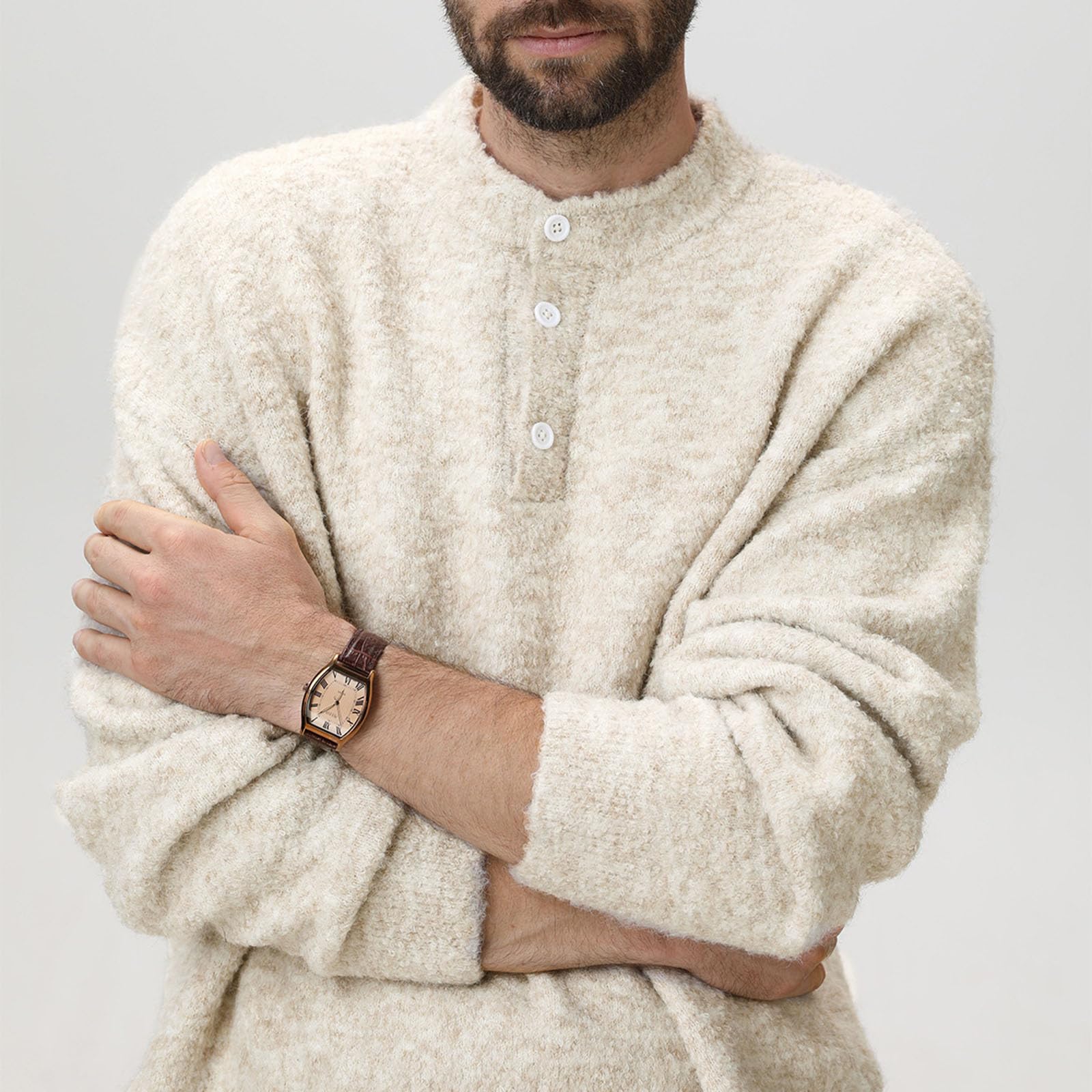 Maglione da uomo Henley a manica lunga casual con bottoni e girocollo in maglia morbida