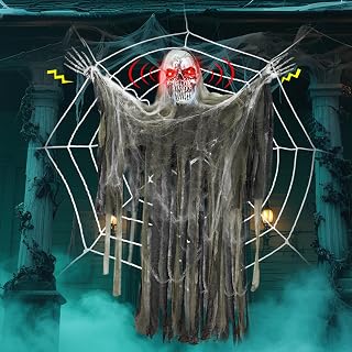 66" Halloween Animatronics Skeleton Ghost with Spider Web Hanging Decorations, Sound Activated Flashing Red Eyes & Scary Sounds for Porch, Window, Door, Haunted House Party Decor