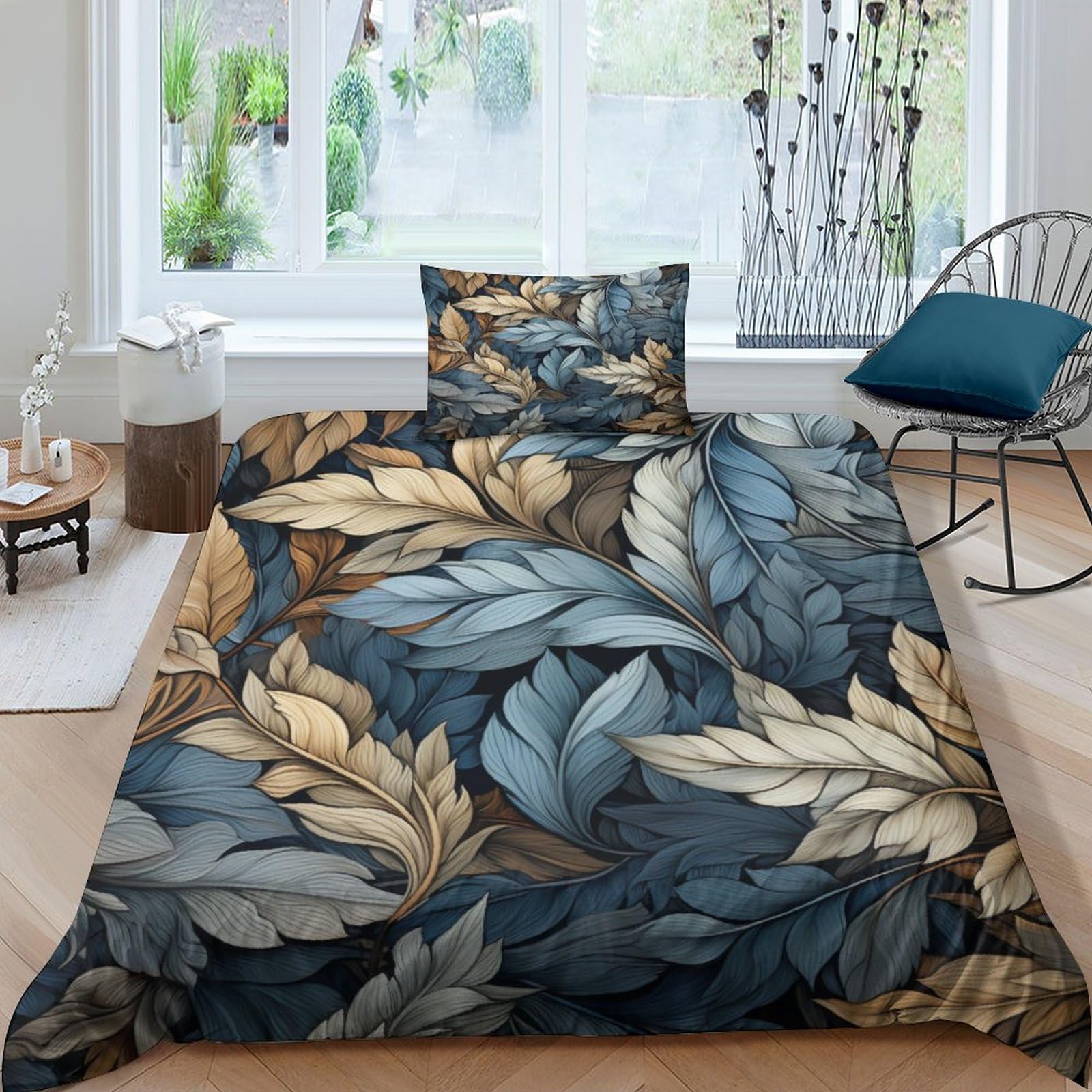 Housse de couette feuilles bleu gris en microfibre 3 pièces pour lit double familial