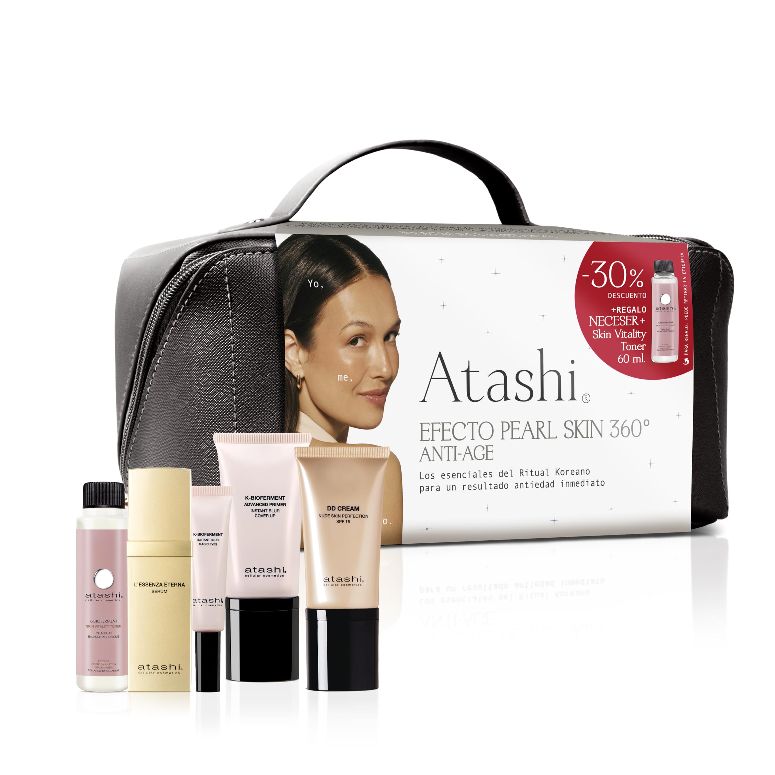Atashi | Ritual Efecto Pearl Skin 360 Anti-Age | Sérum L’Essenza Eterna + Contorno de Ojos Uplifting + Advanced Primer Luxe + DD Cream SPF15 + | Regalo Neceser Premium y Tónico Facial Skin Vitality