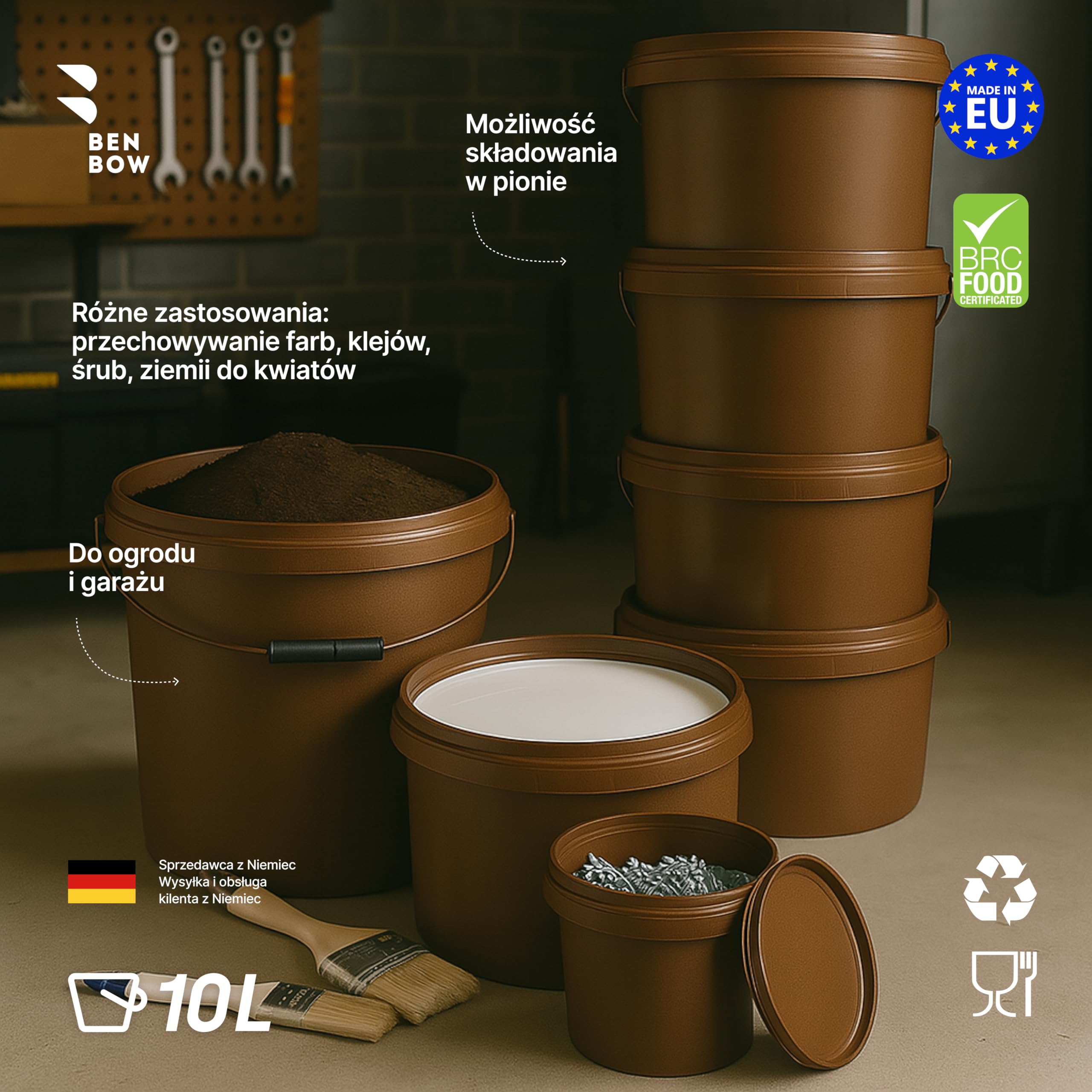 BenBow Eimer mit Deckel 10L 550 Stück - Braun Palette - lebensmittelecht, stabil, luftdicht, auslaufsicher, geruchsneutral - Vorratsbehälter aus Kunststoff - leer