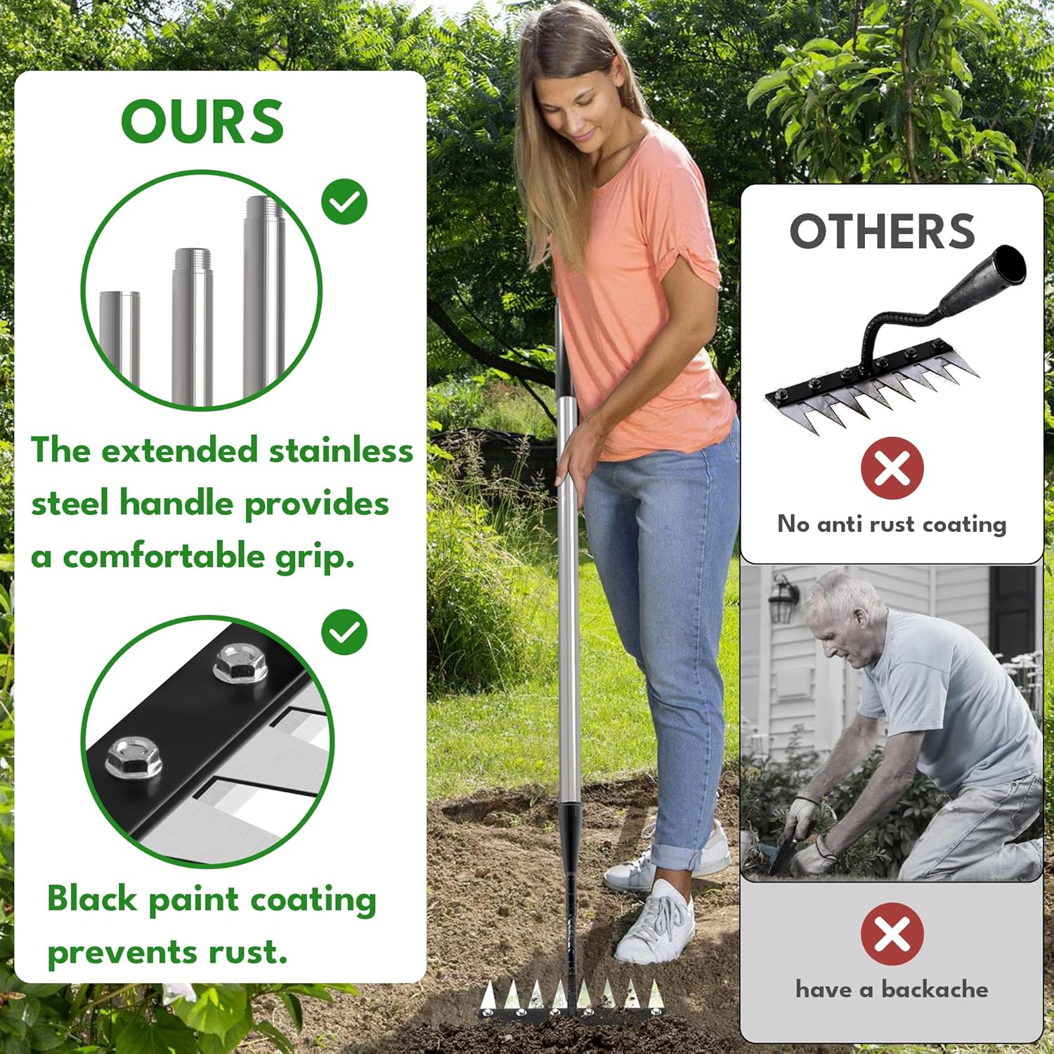 Iron Weeding Rake with Handle 2.0, Upgraded 8 Teeths Garden Weed Puller Tool Heavy Duty Gardening Tool for Lawn, Flower Beds & Soil Aeration