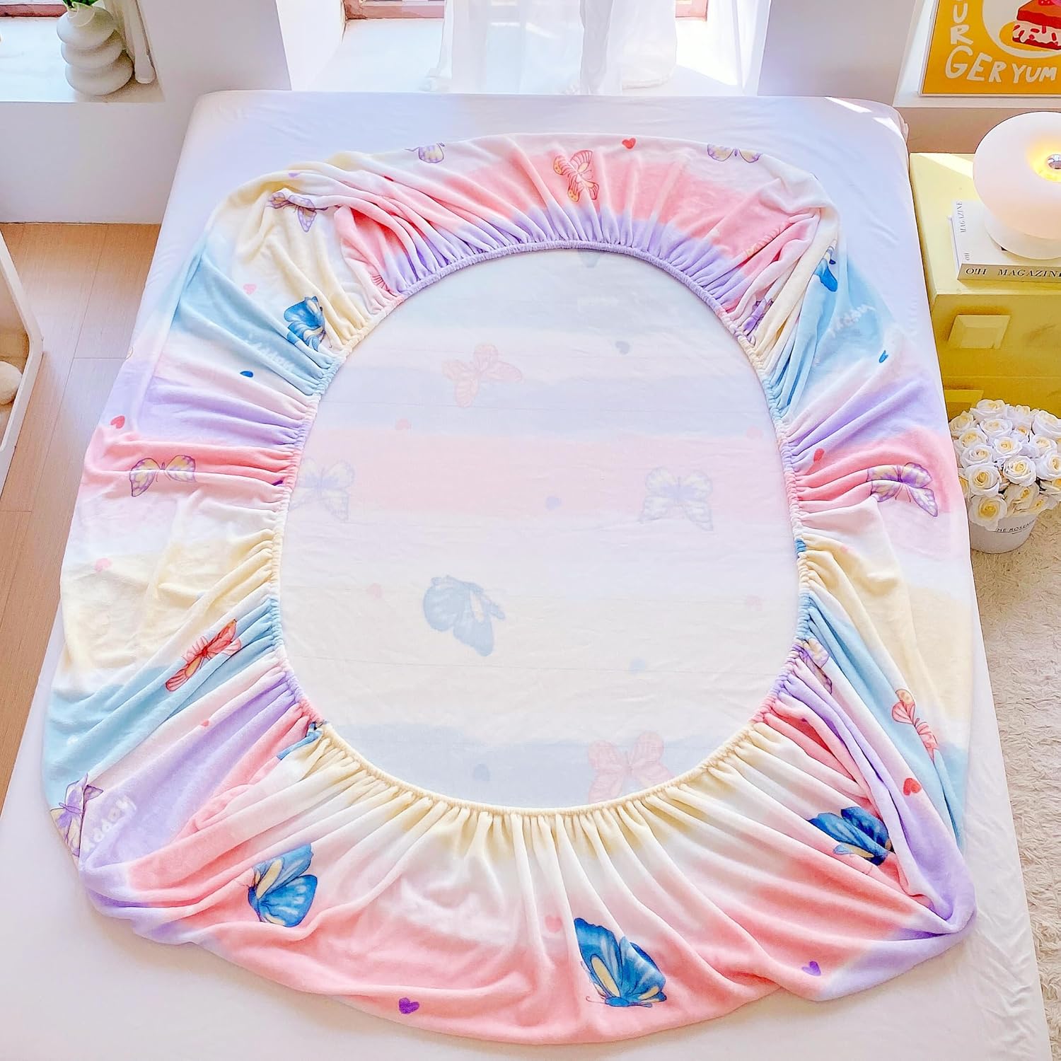 J-pinno Butterfly Pink Purple Kids Girls Teens Twin Bed Fitted Sheet Set, Soft Premium Velvet Flannel Fluffy Fleece Plush Thick Durable Bedding Set Deco GIF, Anti-Static, No Pilling