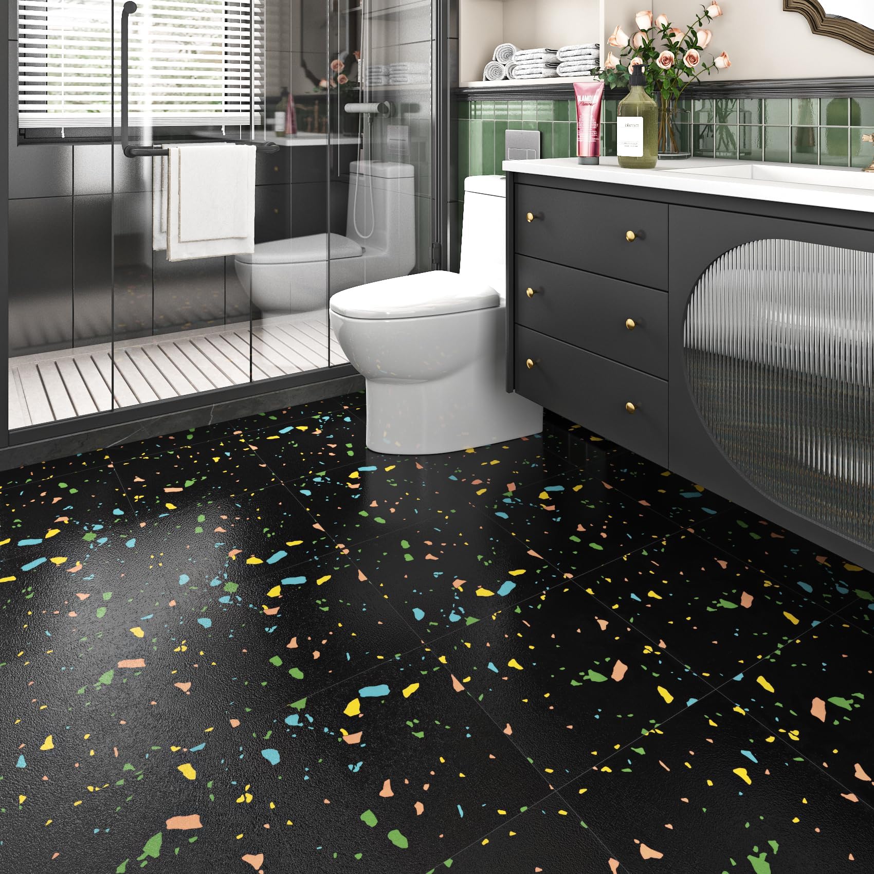 Livelynine PVC Bodenbelag Fliesenoptik Bunt 30x30CM Vinylboden Selbstklebend Badezimmer Schwarz Terrazzo Klebefliesen Boden Schwarz Granit 16-Fliesen PVC Fliesen Selbstklebend Küche Boden Schlafzimmer