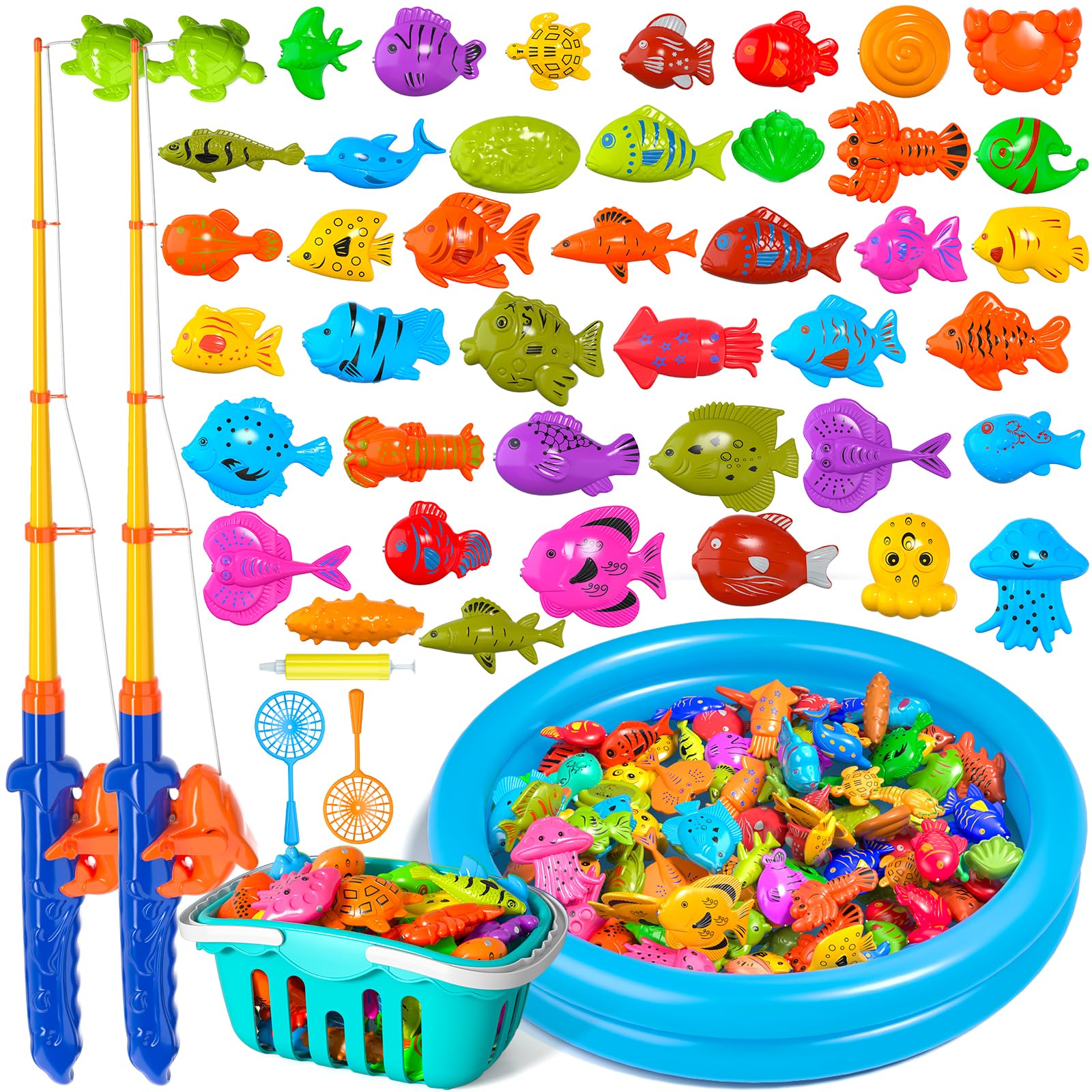 Doloowee Magnetic Fishing Bath Toys Game for Kids - Water Table Bathtub Pool Toys with Pole Rod Net Plastic Floating Fish Toddler Educational Learning Gifts Age 3 4 5 6 Year Old