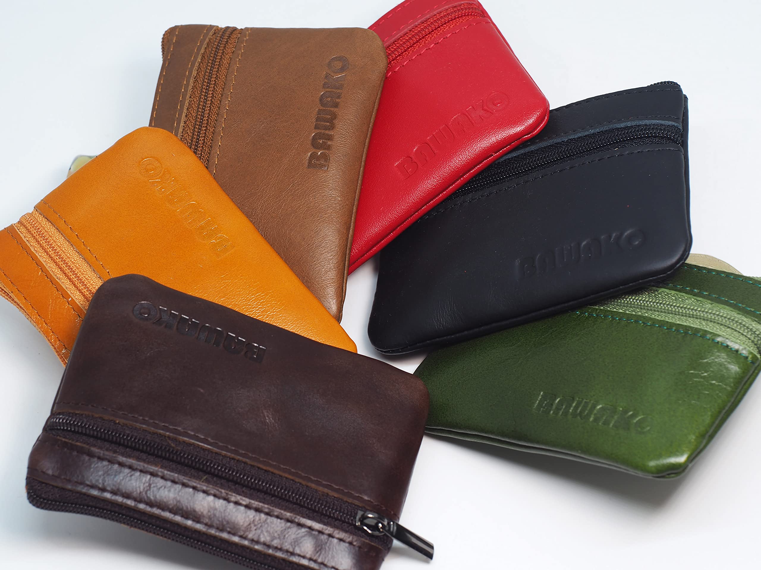 Bawako - Portamonete in vera pelle, portafoglio portamonete piccolo, con 2 scomparti, cerniera e portachiavi, per uomo e donna, Colore: rosso, 10 cm * 7 cm, Classico