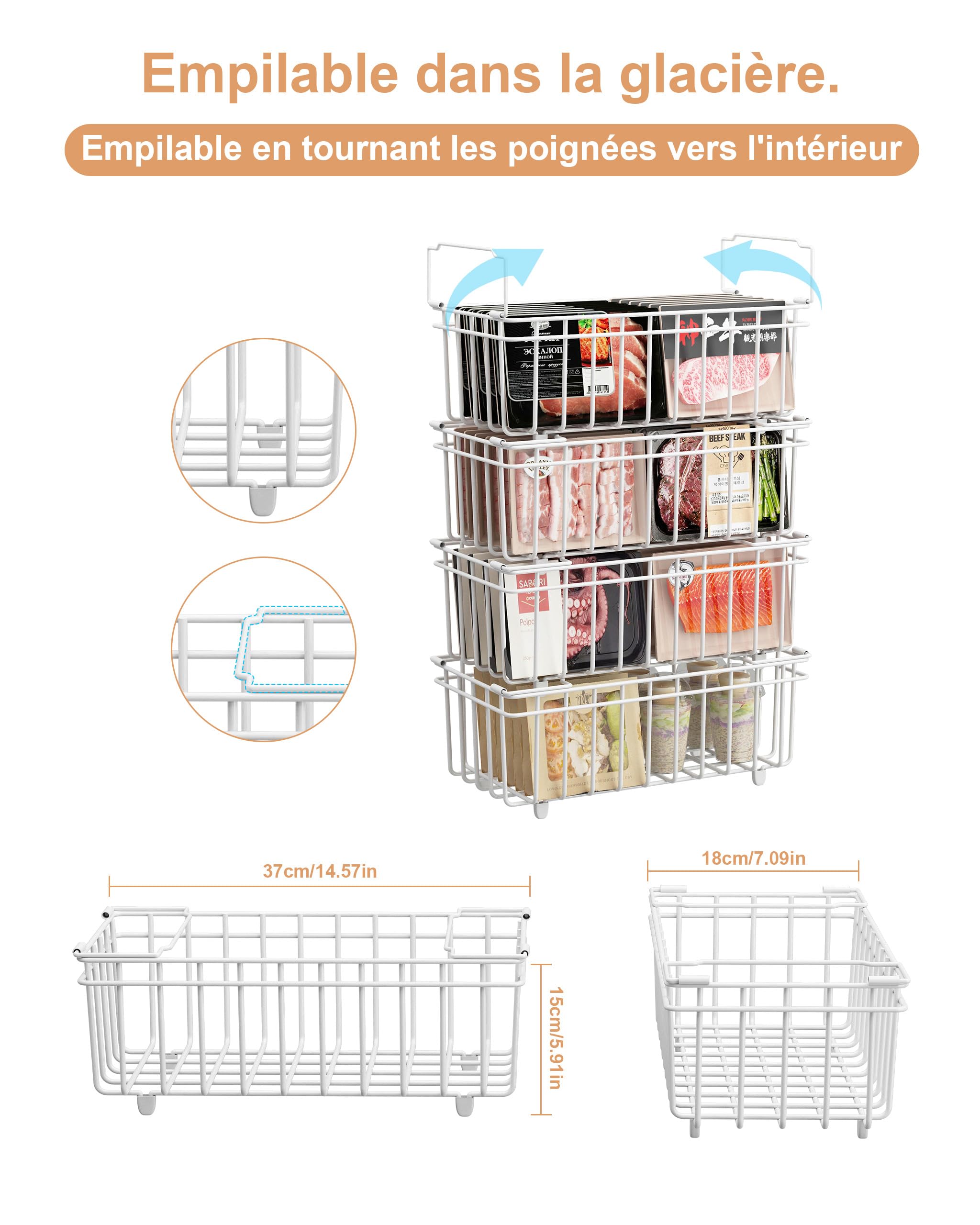 UMDONX 4 Pièces Paniers de CongéLateur Coffre - Poignée Empilable Paniers de congélation,accès facile, pour 198L congélateur,Organiser les ingrédients congelés (37x18x15cm)-Blanc
