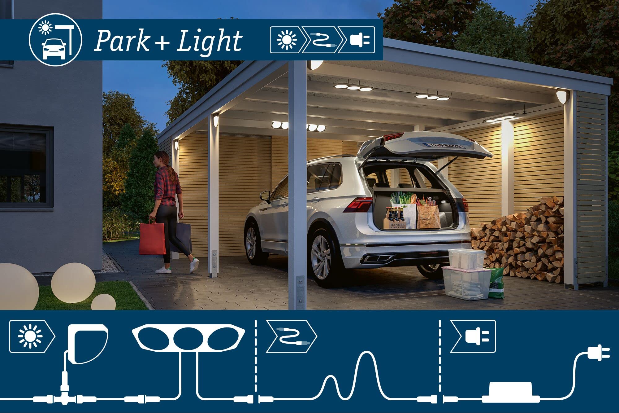 Paulmann 94551 Park + Light - Lámpara de exterior (IP65, máx. 5 W, luz solar, accesorio para garaje), color plateado