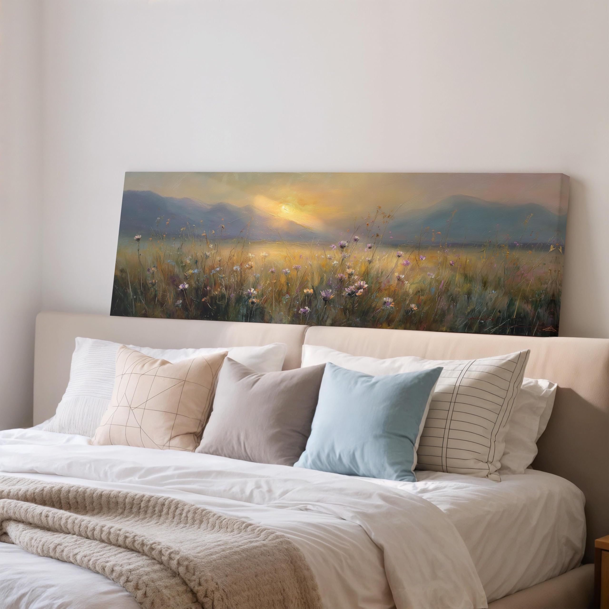 XBTYKPB Wildflower Meadow Painting, Impressionist Sunset Wide Panoramic Wall Art Large Framed Canvas Golden Landscape Long Narrow(50x150cm/Frameless)