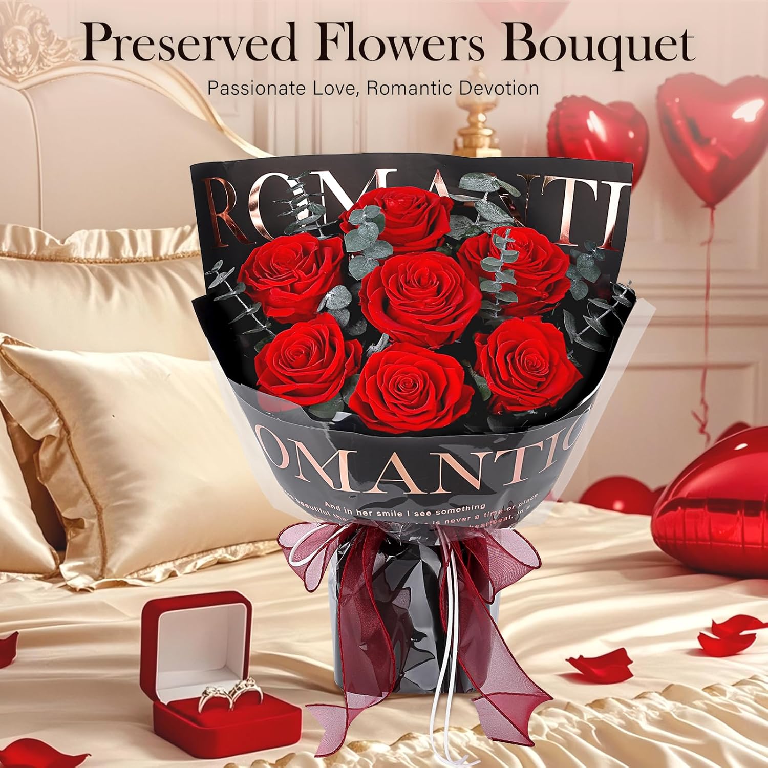 Preserved Flowers Bouquet 7 Roses - Red Real Rose & Flowers for Delivery, Eternal Roses Bouquet with Gift Box, Anniversary Birthday Valentines Gifts for Women Mom Grandma Her Wife Girlfriend, Black - Image 2