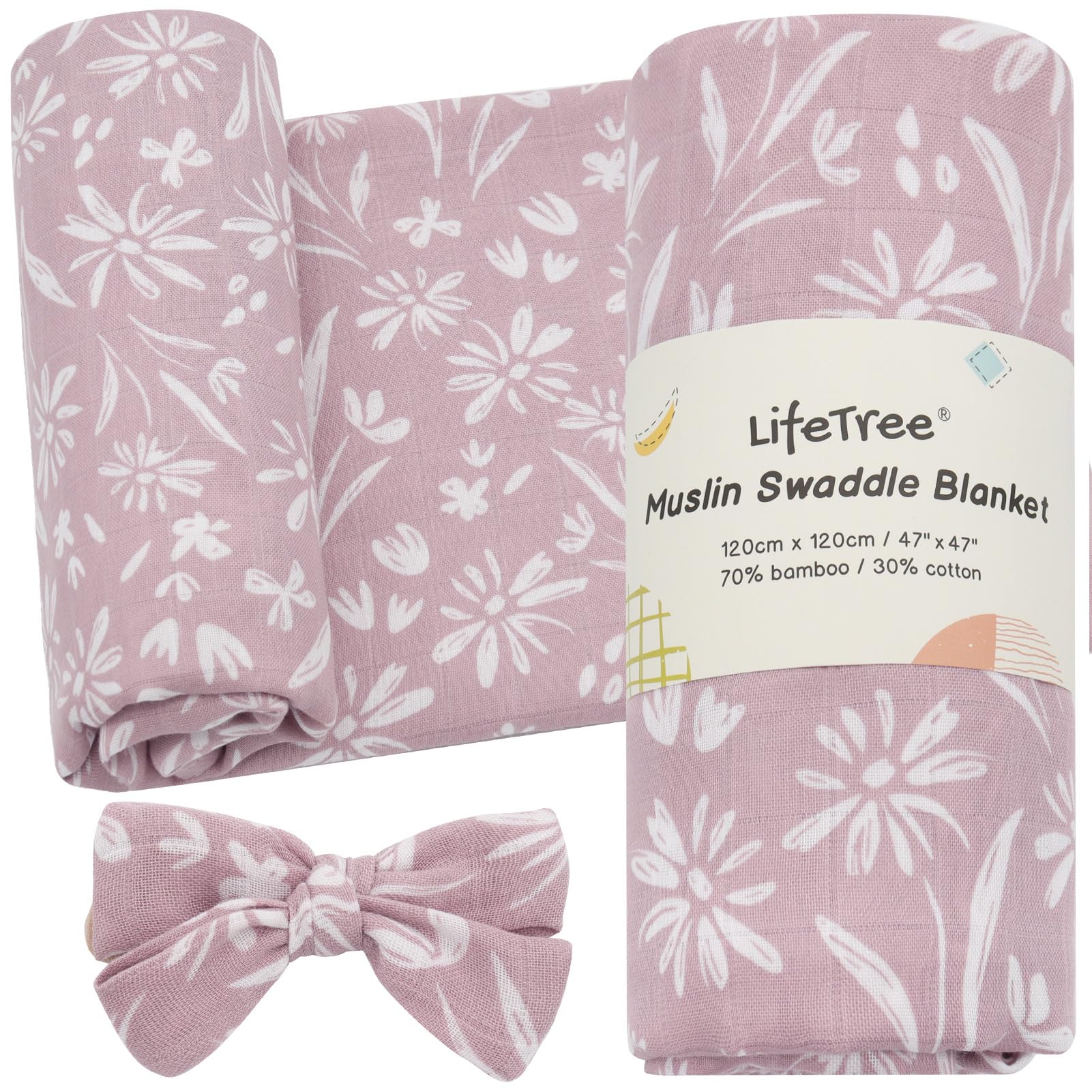 LifeTree Baby Swaddle Blanket and Bow Set, Mauve Floral Muslin Newborn Swaddle Set with Matching Headband Bow, Infant Receiving Blanket Wrap, 47 x 47 inches, 70% Viscose from Bamboo and 30% Cotton