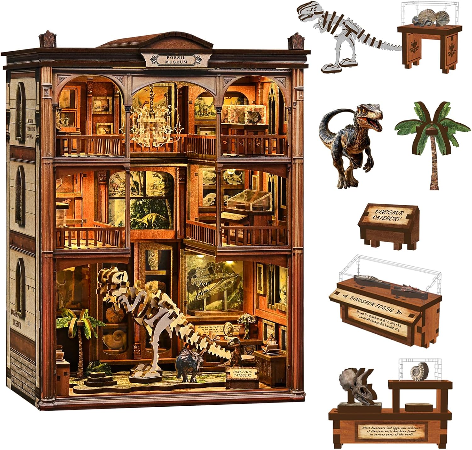 3D Puzzles for Adults DIY Book Nook Kit - Wooden Bookshelf Decor Miniature House Kit, Book Nook for Bookshelf with LED Light, Dinosaur Fossil Museum Bookend Craft Gift for Teens