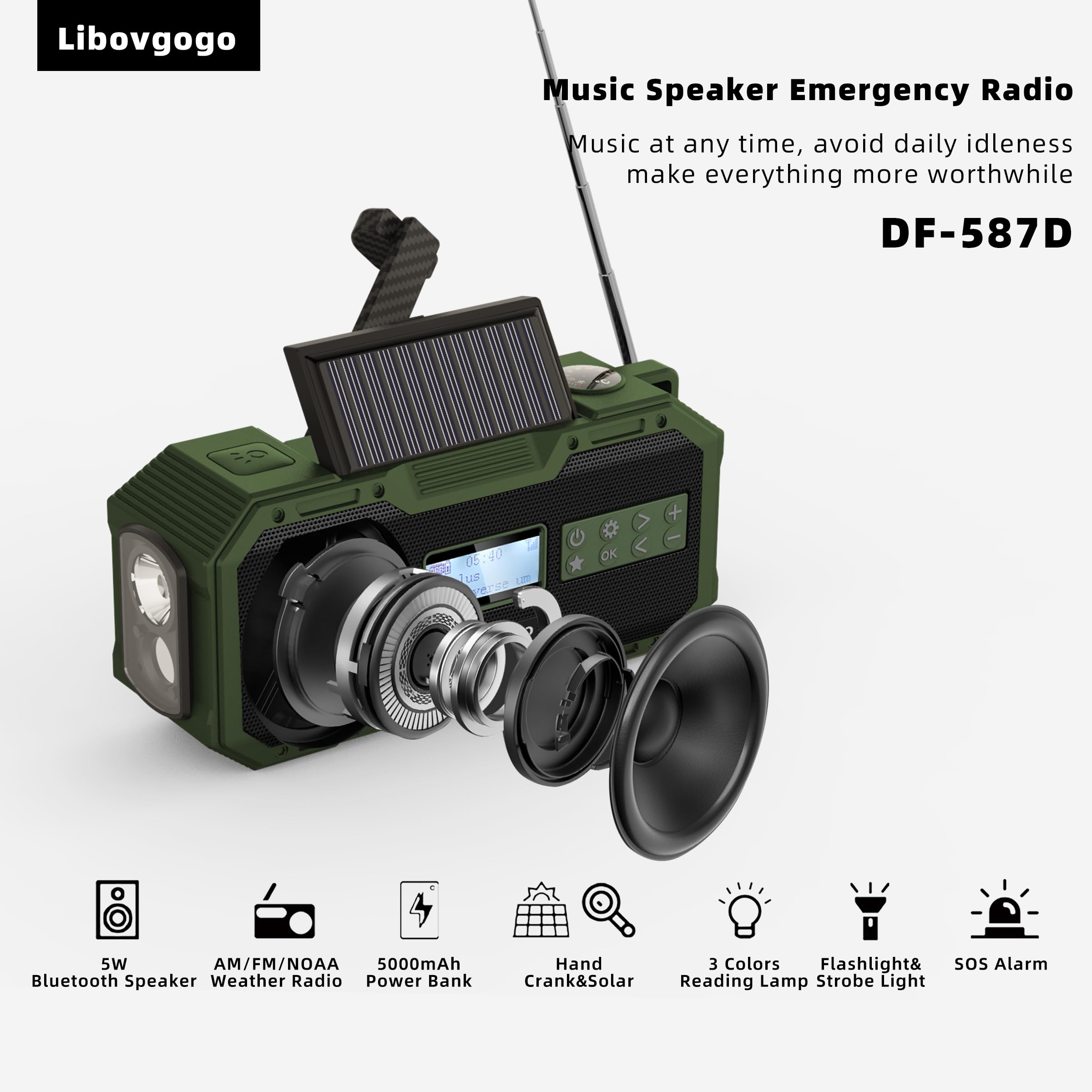 Libovgogo DF-587D Radio portátil DAB+ FM con altavoz Bluetooth impermeable, radio de manivela con función de carga de teléfono solar, batería externa de 5000 mAh, linterna, luz estroboscópica, luz de