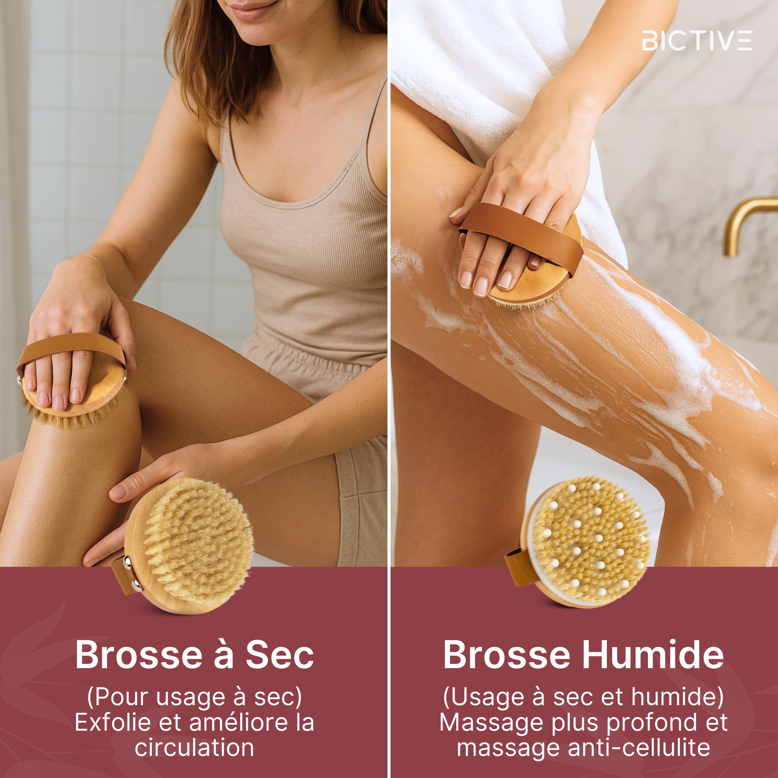 Kit Premium de 2 Brosses de Corps à Sec avec Poils Naturels. Brosse Exfoliante pour le Corps. Brossage à Sec de Cellulite, Drainage Lymphatique, Circulation & Éclat de la Peau. Dry Brush