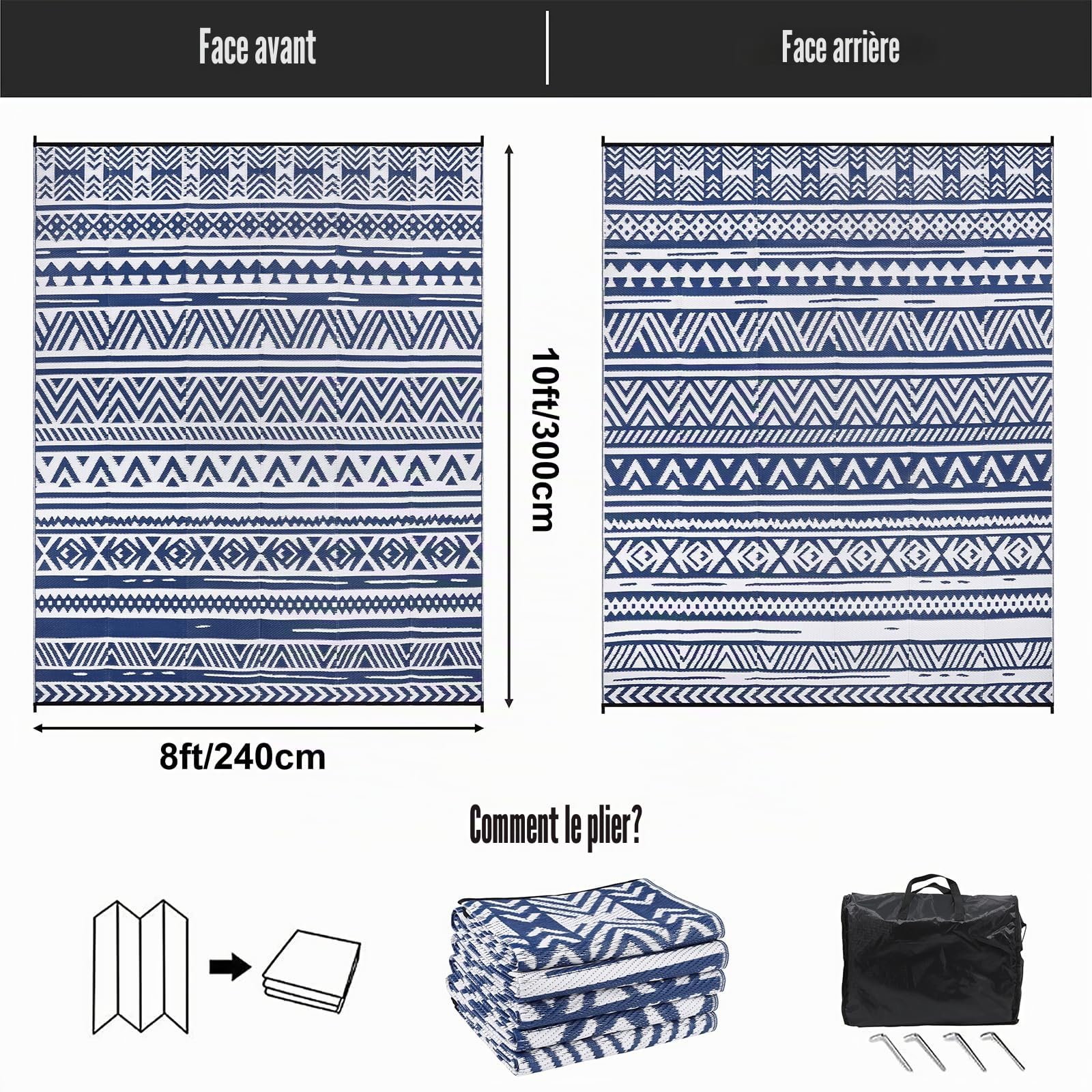 Enyhom Tapis D'extérieur Réversible 240 x 300 cm, Bleu Plastique Durable Résistant aux UV Tapis de Camping pour Camping-Car