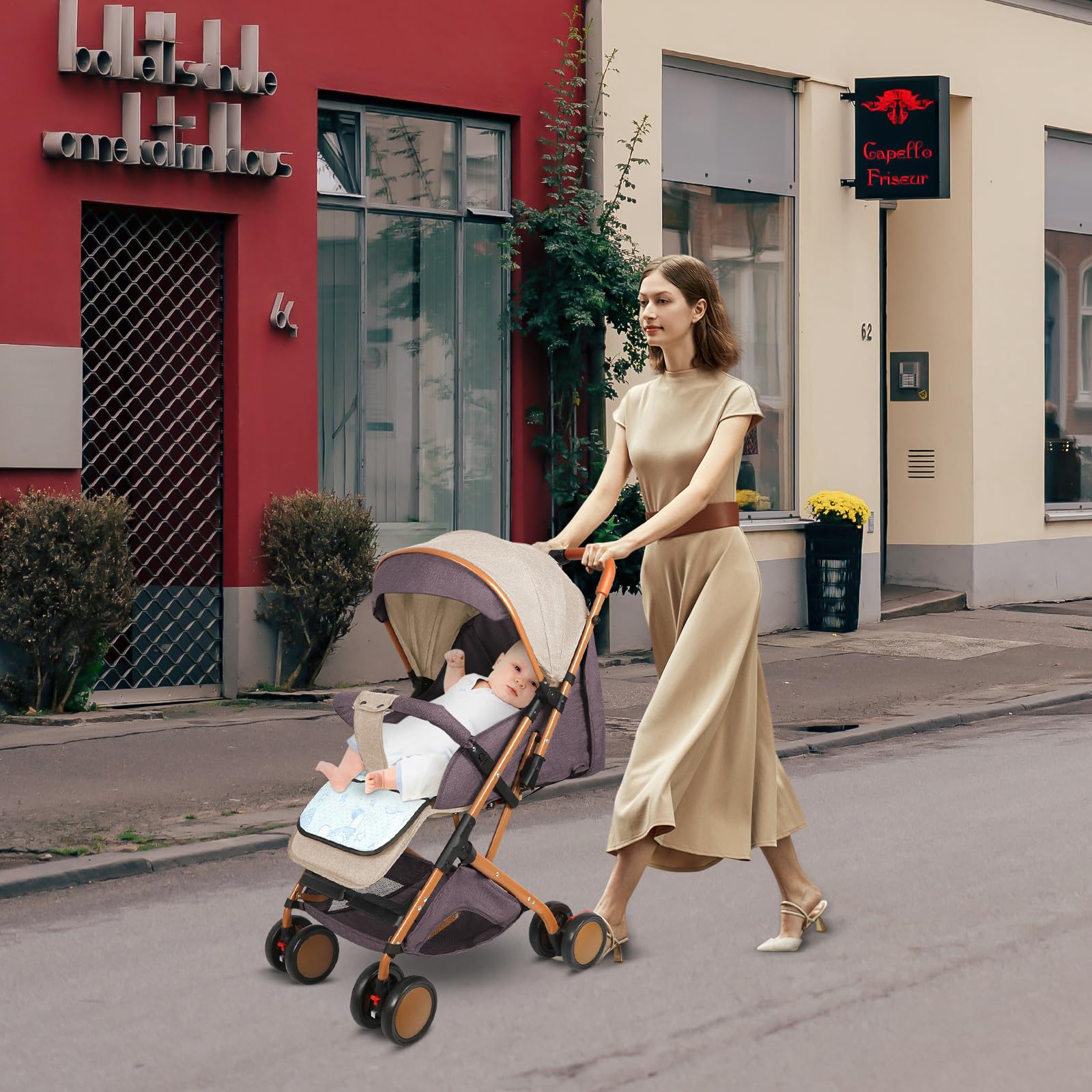 Homewell Federleichter Reisebuggy Faltbar, Kinderwagen, Liegefunktion, flache Liegeposition, kompakter Buggy inkl. Moskitonetze & Matten, 98 * 71 * 45cm (Khaki)