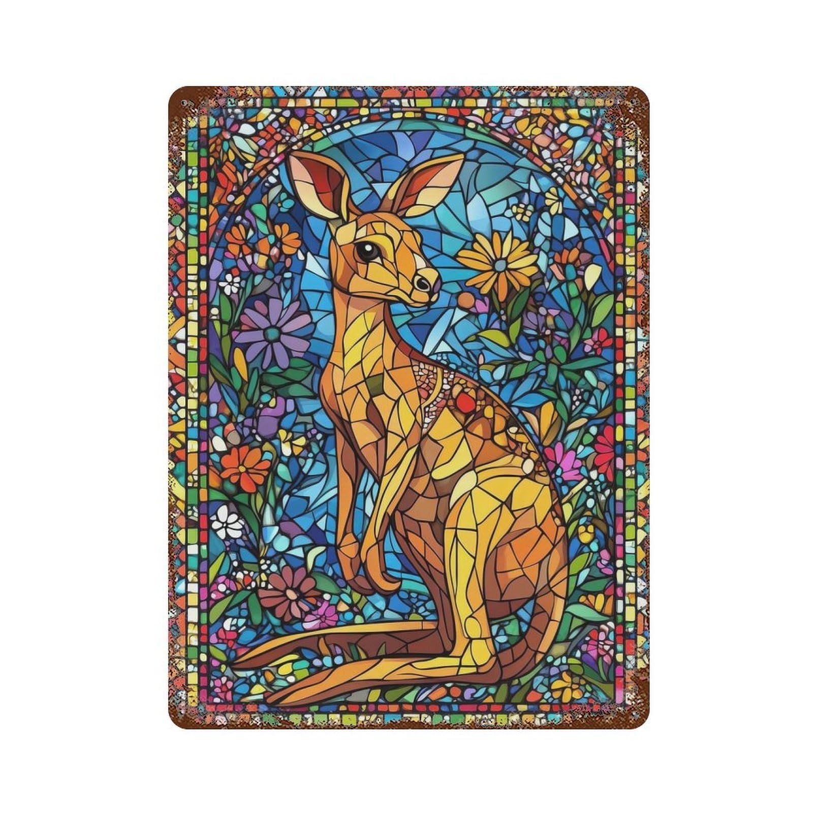 Rust Effect Stained Glass Kangaroo Rusty Metal Tin Sign 15.7"x11.8", Rustic Home Decor for Living Room, Hallway And Home Decor