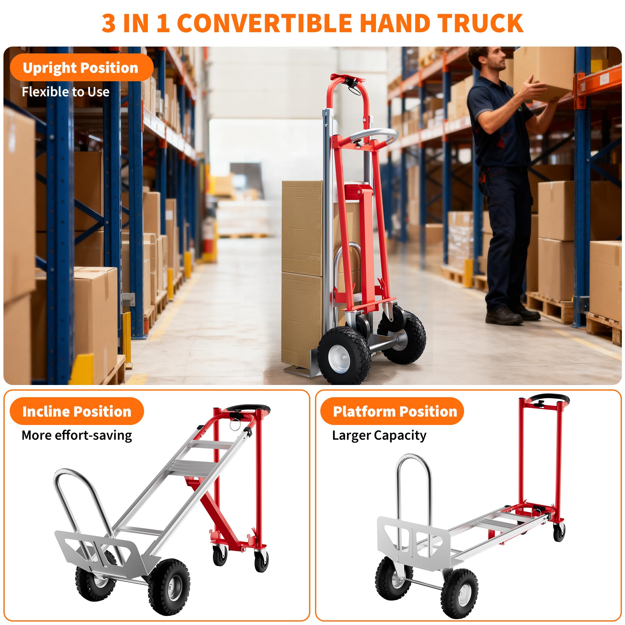 Carrello trasporto pieghevole per impieghi gravosi 3 in 1 Carrello manuale acciaio convertibile capacità carico 350 kg pieghevole ruote antiforatura cinghie elastich ideale magazzino uffici c