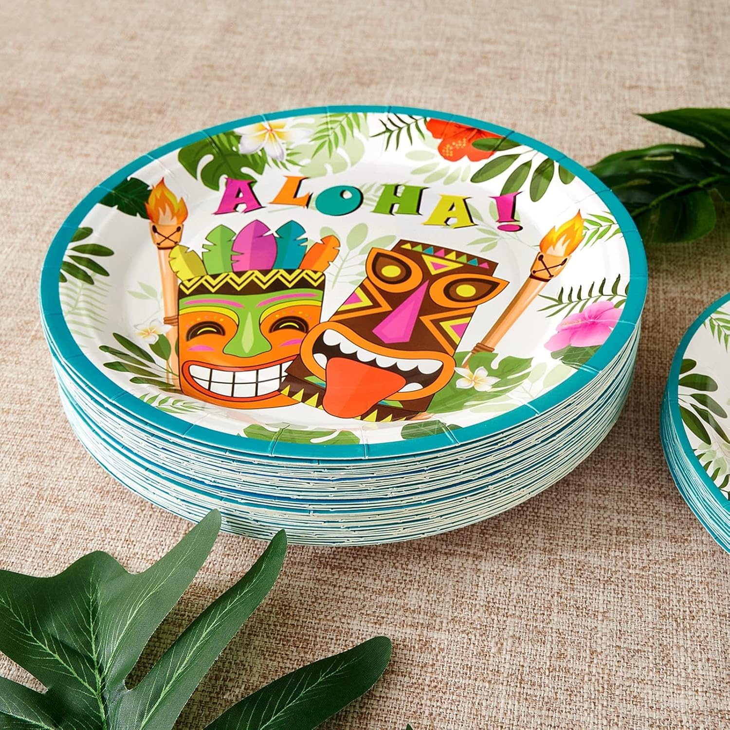 WERNNSAI Aloha Luau Plates and Napkins - Serves 50 Gusets 100PCS Hawaiian Tropical Tiki Party Supplies Disposable Tableware Set Luncheon Dinner Paper Plates Napkins for Birthday Party