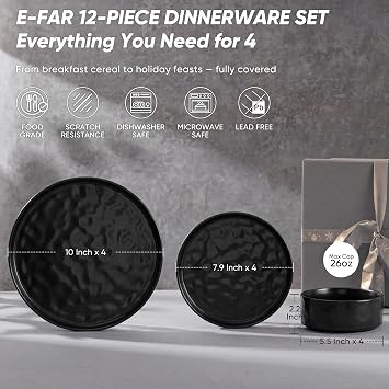 E-far Black Plates and Bowls Sets, 12-Piece Stoneware Dinnerware Set for 4