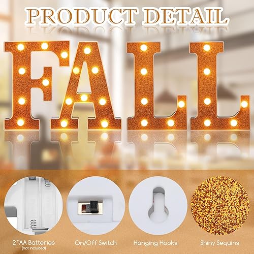 Miniatura 3 de 4 piezas de decoración de otoño de Acción de Gracias con purpurina naranja iluminada, letras LED de marquesina de otoño, decoración de luces de