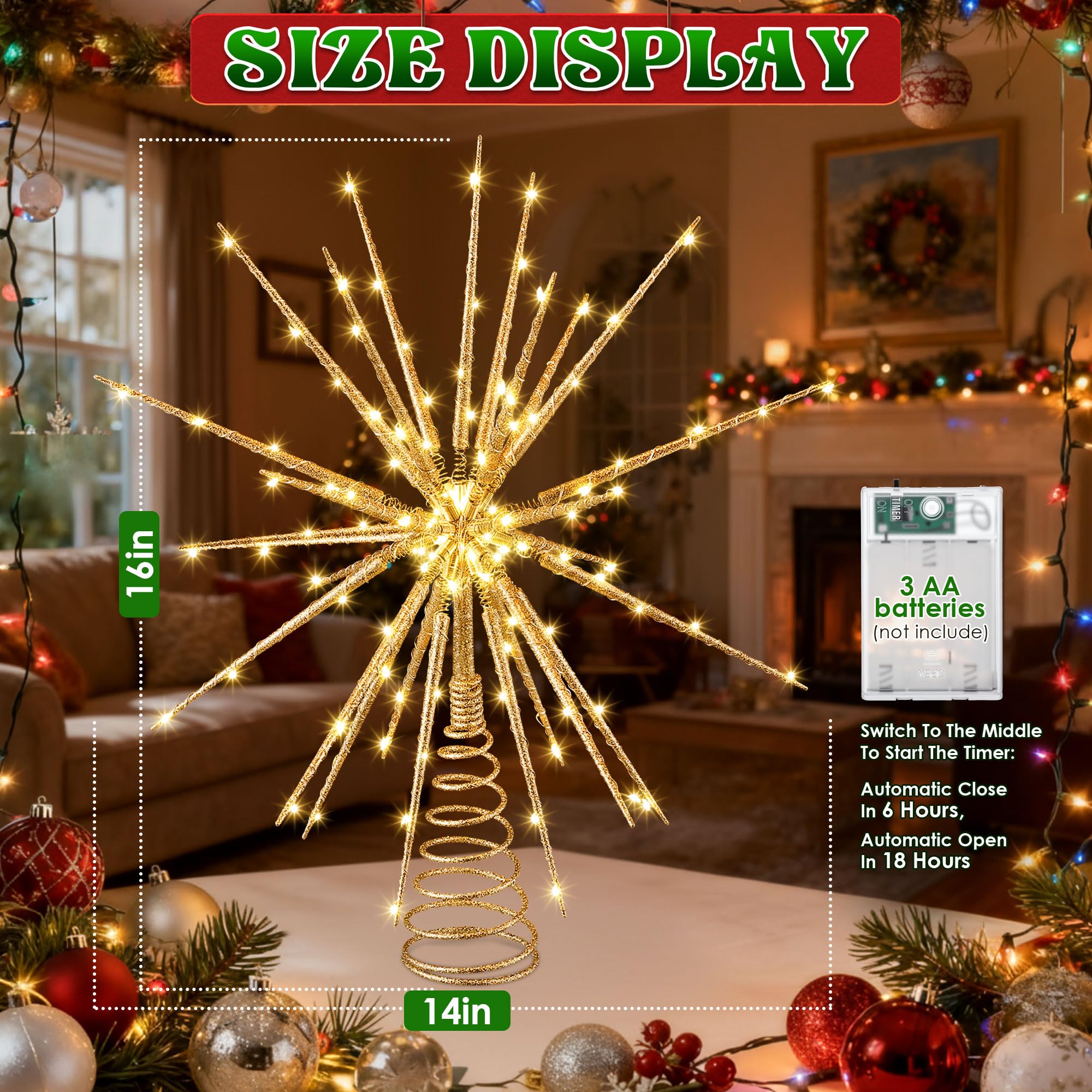 Meonum Cimier de sapin de Noël de 40,6 cm avec lumière LED, 25 lumières scintillantes, étoile de sapin de Noël pour décoration de sapin de Noël, taille universelle pour n'importe quel arbre, léger et