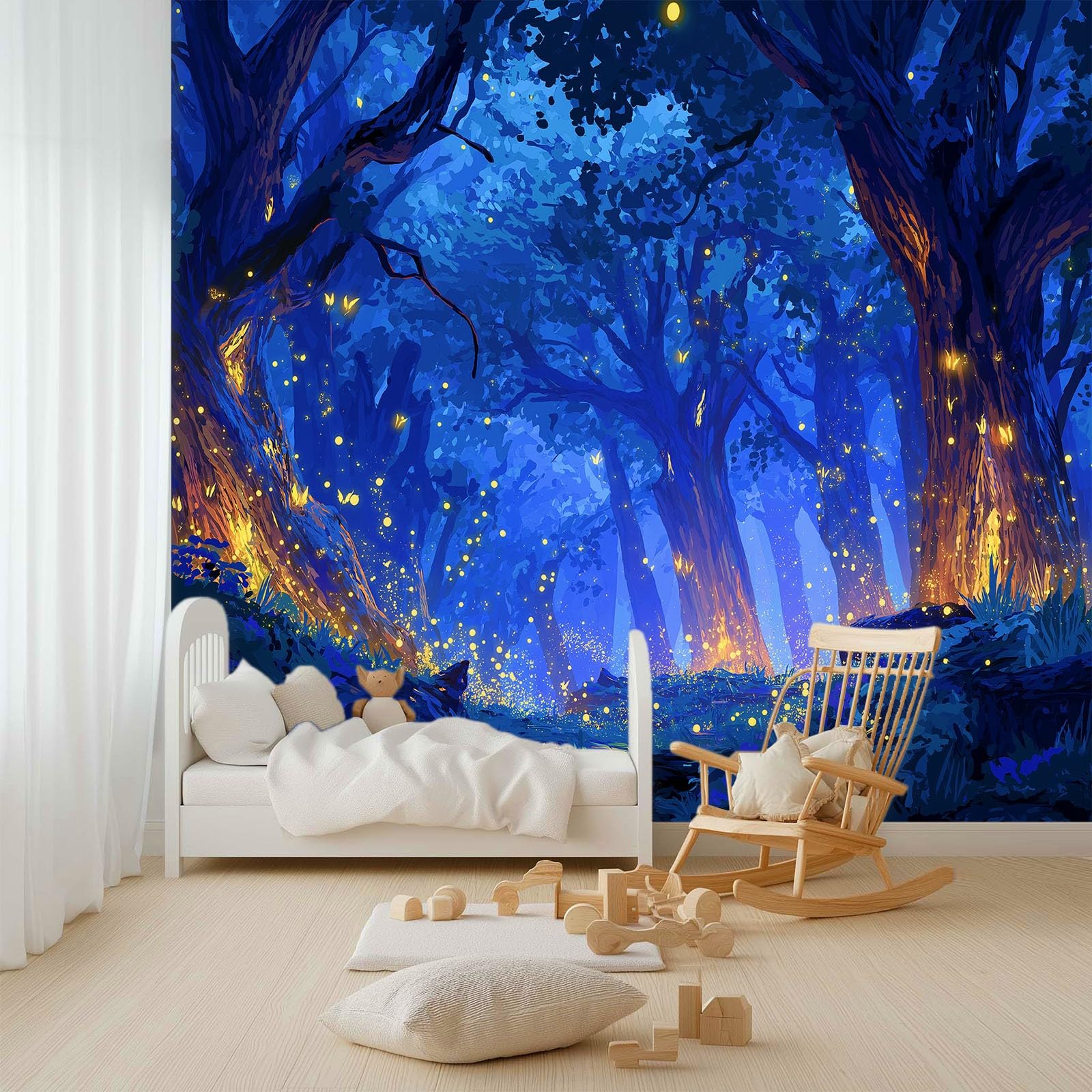 Fototapeta efekt 3D tajemniczy fantazyjny las świetliki, niebiesko-fioletowy tapeta z włókniny 250 x 175 cm (szer. x wys.) - dekoracyjne malowidła ścienne do salonu i sypialni