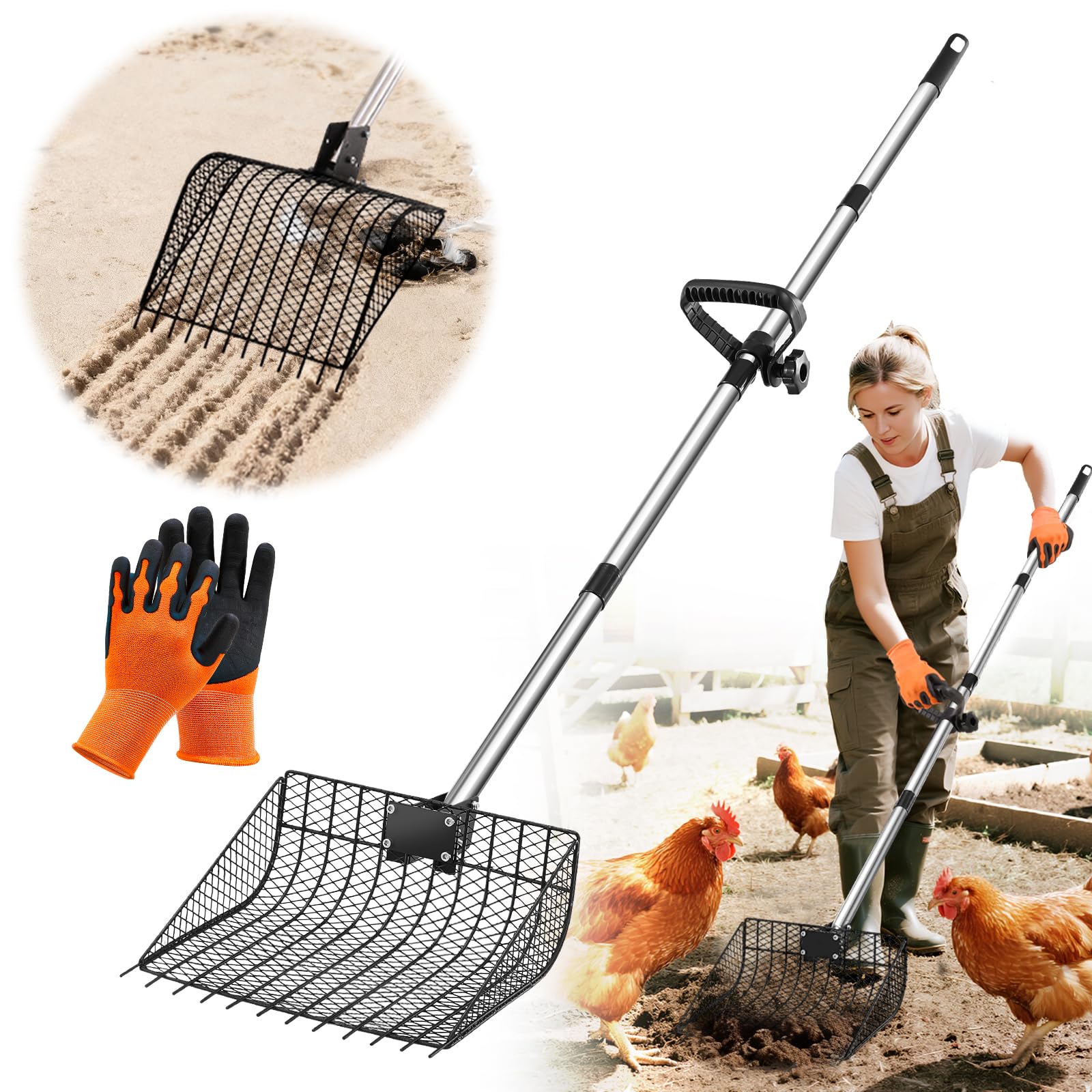 Photo 1 of 12inch Large Metal Chicken Poop Scooper for Sand with Ergonomic Grip, Adjustable Angle 2 in 1 Chicken Coop Scoop & Rake (39-66"), Stainless Steel Litter Sifting Shovel Chicken Coop Cleaning Tool, Farm