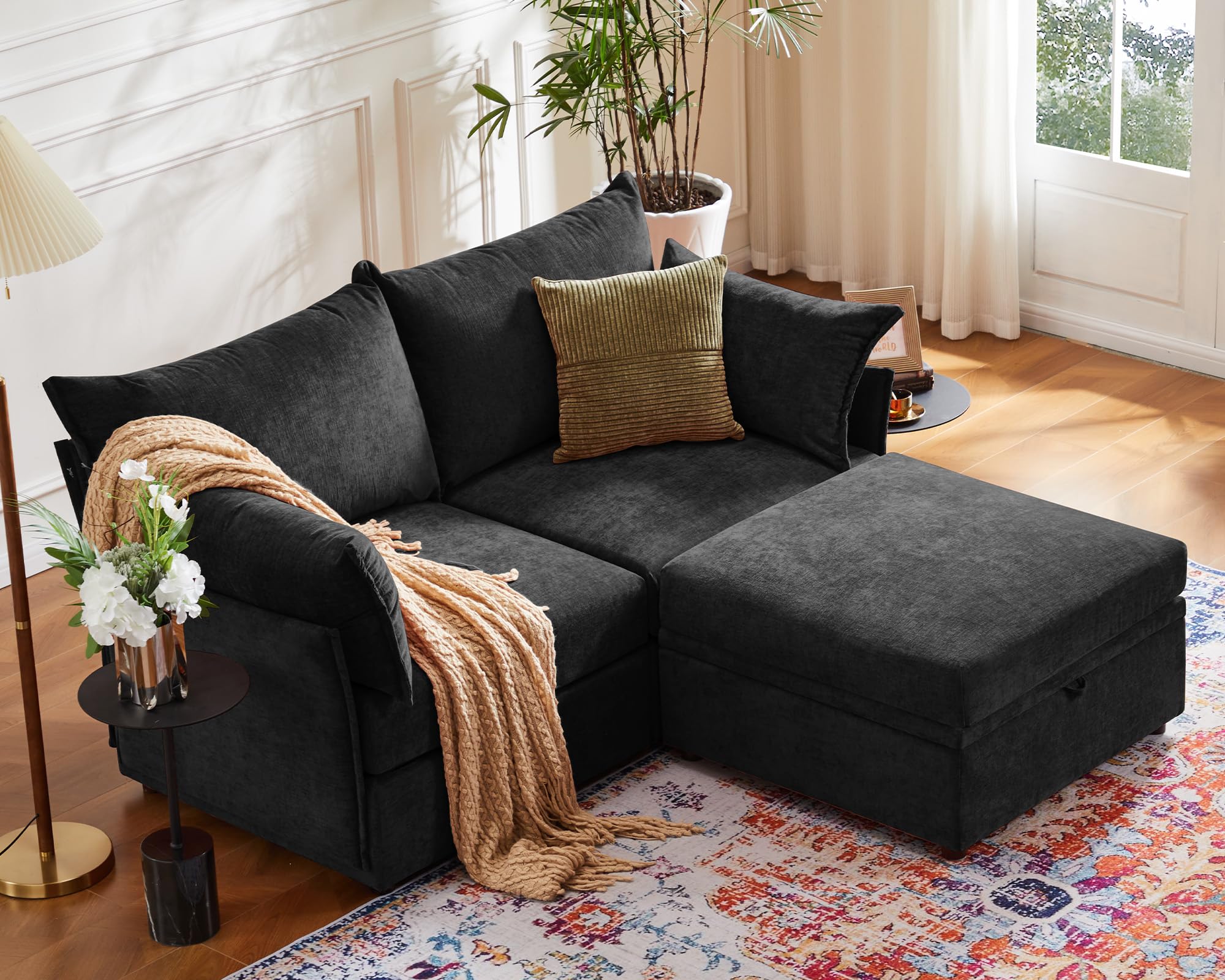 ABCASA Luxury Modular Sectional Sofa, L-Shaped 3-Seat Couch with Storage Ottoman Deep Seat & Reversible Chaise Lounge Chenille Black for Compact