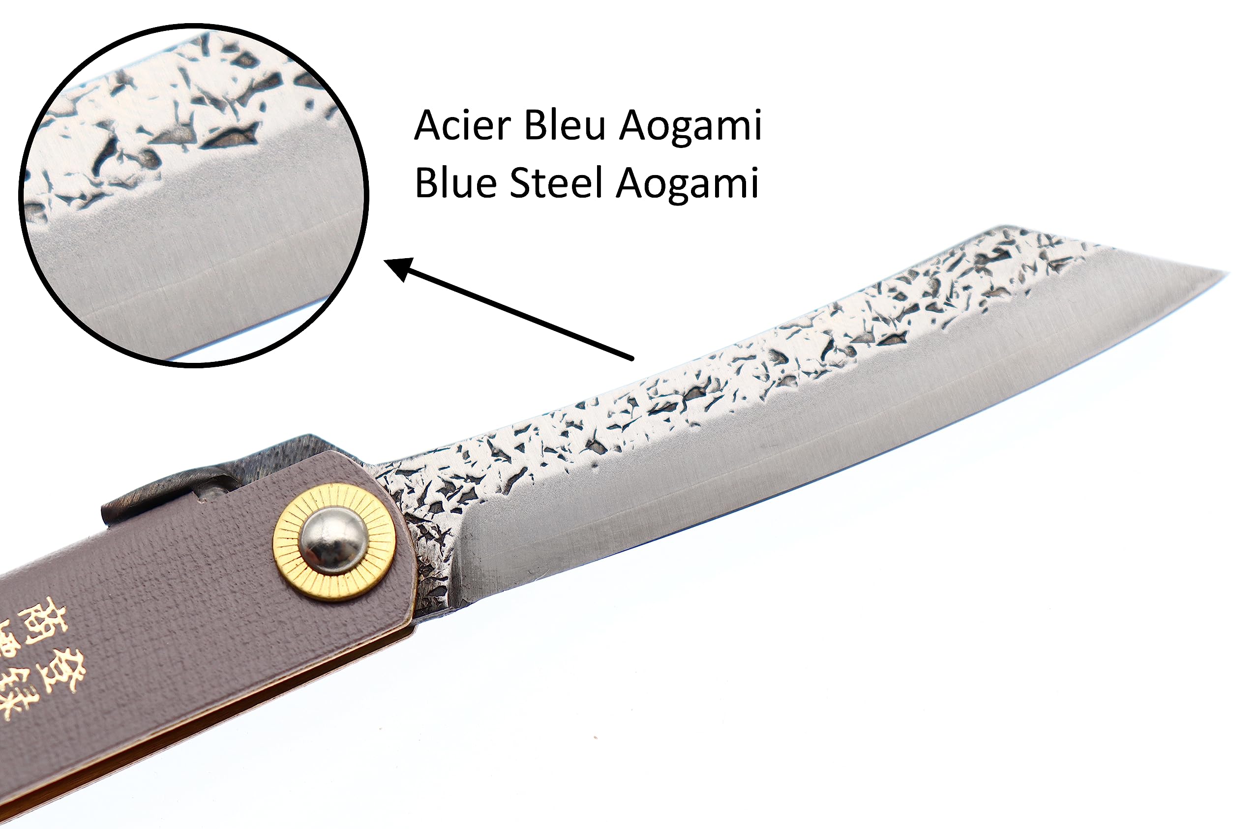 COCKTAIL7 Higonokami Navaja Japonesa de Bolsillo Plegable Cuchillo Aogami Edición Limitada Mango Cuero Gris Hecho a Mano en Japón por Nagao Kanekoma