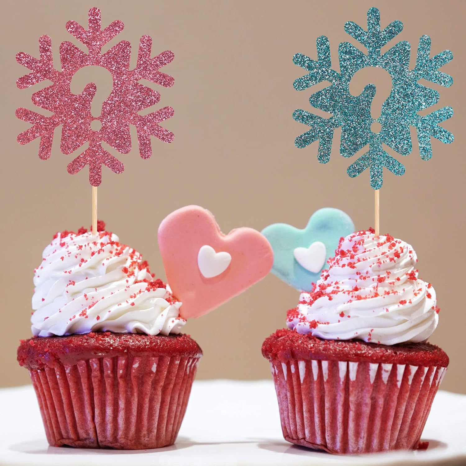 24Pcs Gender Reveal Cupcake Toppers Glitter Snowflake Cupcake Toppers Boy or Girl Cupcake Picks Kids Birthday Baby Shower Party Decoration Supplies