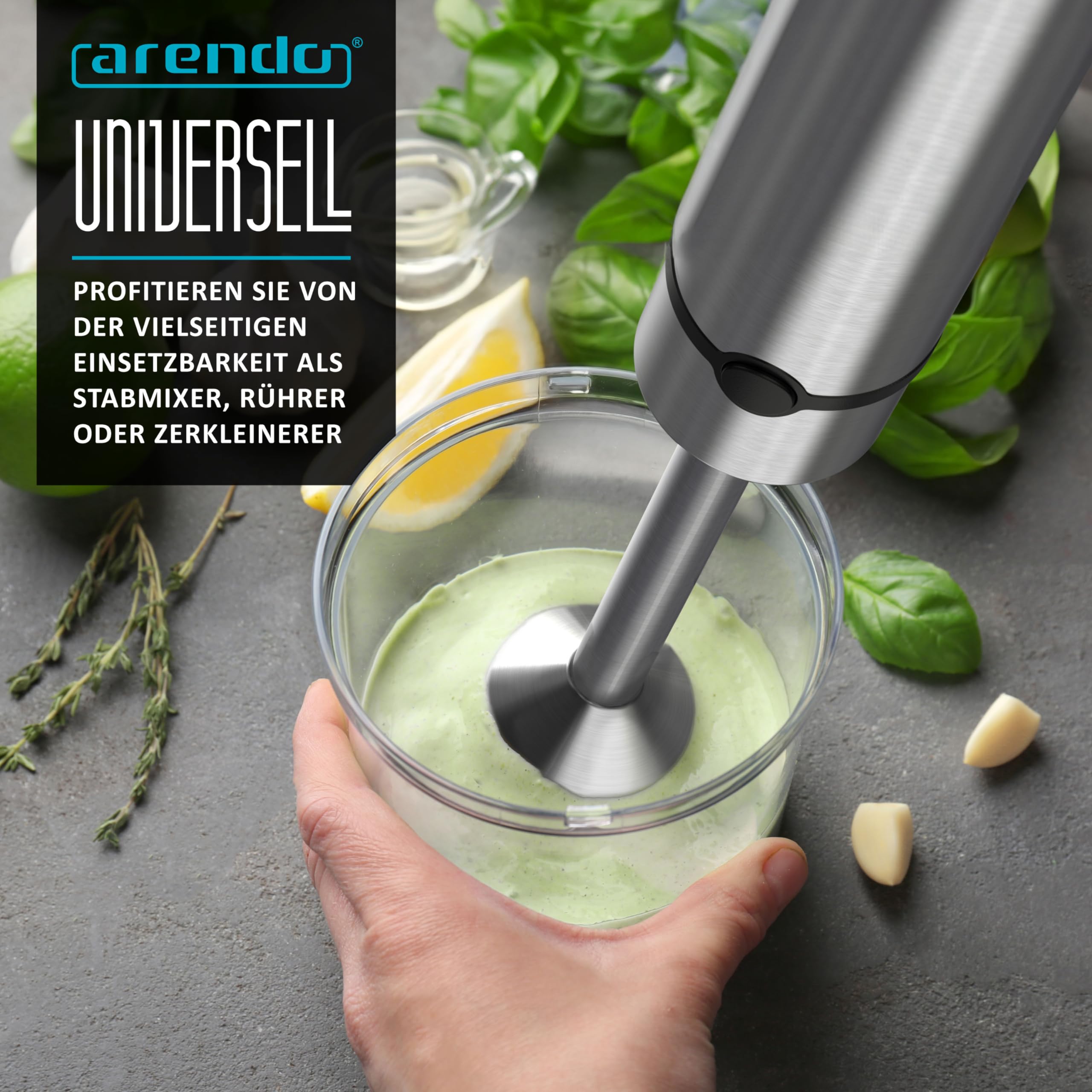 Arendo - Stabmixer Edelstahl - elektrischer Pürierstab 1500 Watt - - stufenlose Geschwindigkeit - Turbotaste - Rührstab für Babynahrung, Suppe, Smoothies, Püree, Saucen