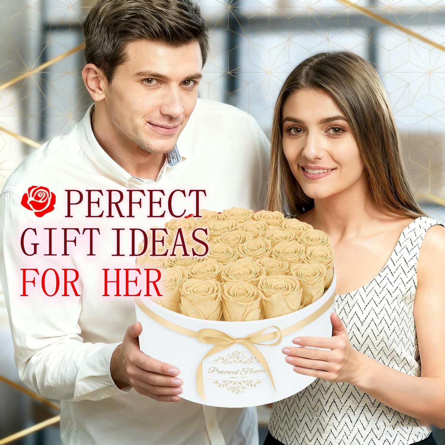 27 Forever Flowers in a Luxury Suede Box, Preserved Roses Birthday Gifts for Women, Romantic Anniversary Wedding for Mom Women Her Girlfriend Wife, Champagne