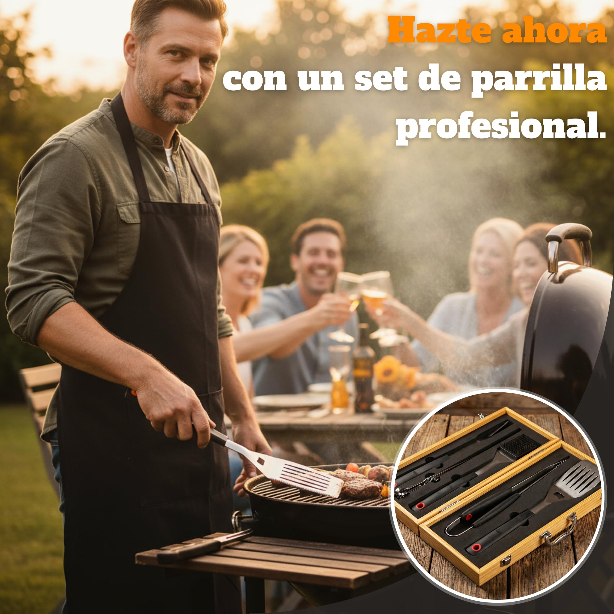 Set de Barbacoa en maletín de Madera - Utensilios Barbacoa Acero Inoxidable | Volteador 3 en 1 con abridor y filo, kit parrillero, regalo para el día del padre y navidad