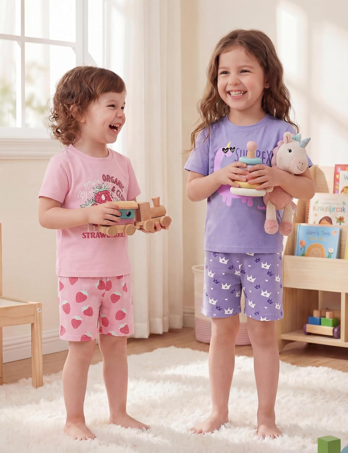 Yoofoss Toddler Girl Pajamas 100% Organic Cotton 4 Piece Short Sleeve Summer Pajama Set Kids Pajamas Snug Fit Pjs Set