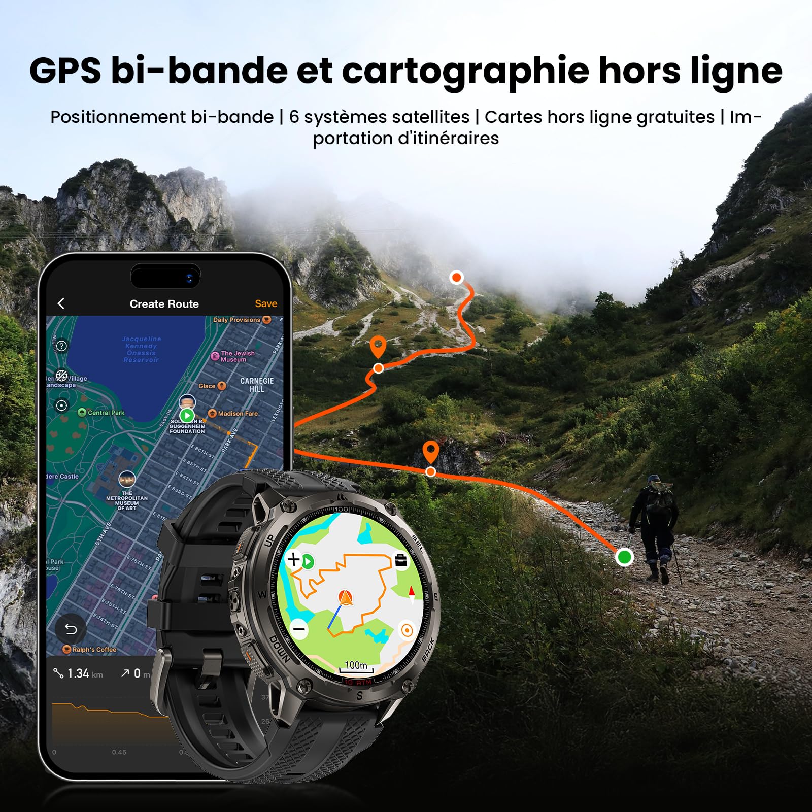 KOSPET Tank T4 GPS Montre Connectée Homme, Cartes Hors Ligne & Talkie-Walkie, Étanchéité 10ATM (Plongée 45M), Acier Inoxydable, Appels Bluetooth, Surveillance Santé 24/7, Compatible Android et iOS
