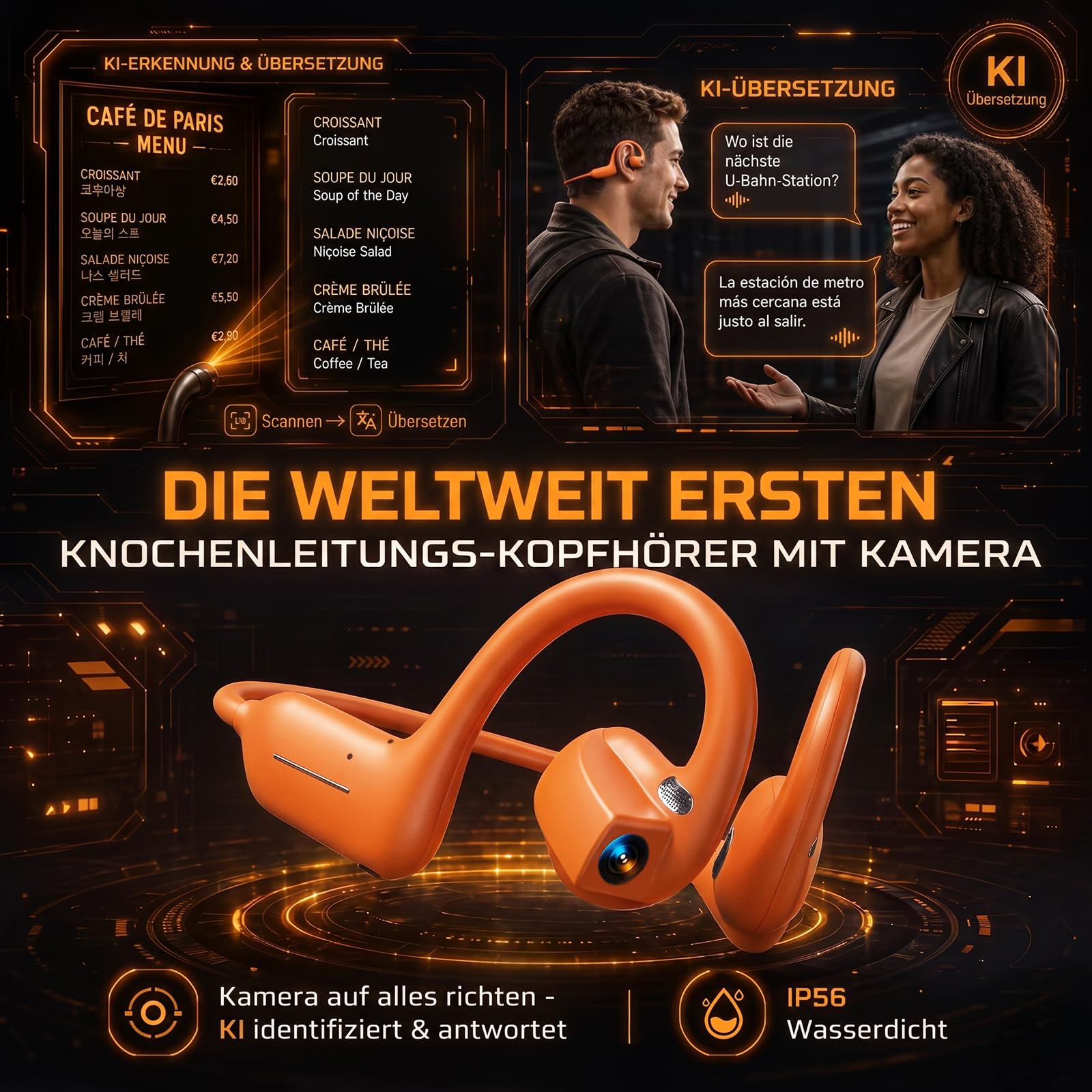 iPalamila Knochenschall-Kopfhörer mit Kamera – 8MP EIS-stabilisierte Kamera, KI-Übersetzungsfunktion, IP65 wasserdicht, Bluetooth Open-Ear Sportkopfhörer für Laufen