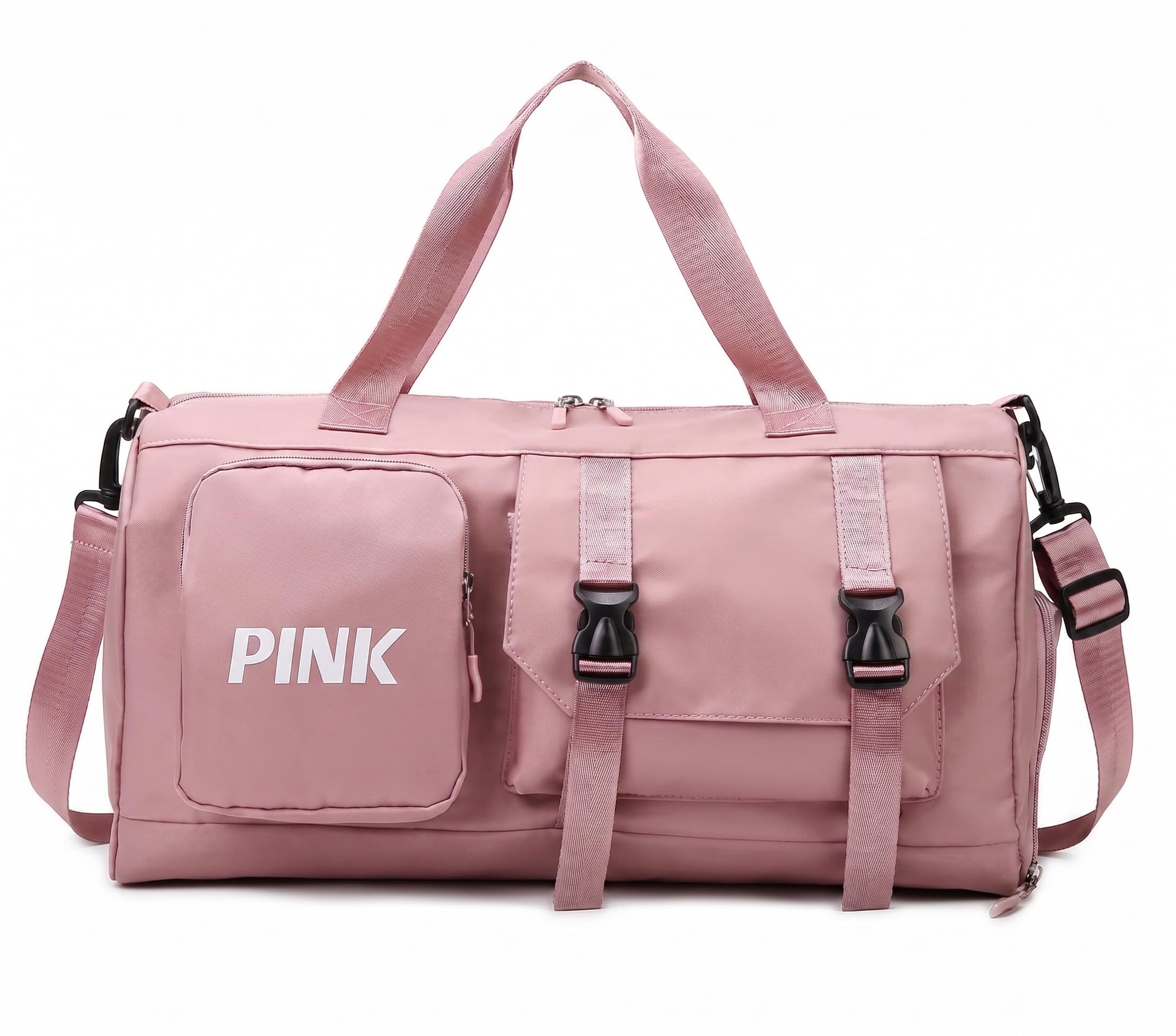SRZ Unisex Travel Duffle Bag Gym Bag with Shoe Compartment Water-Resistant Multi-Functional Weekender Overnight Bag with Isolated Wet/Dry Pocket Shoulder Belt (Peach/Pink)-image-23