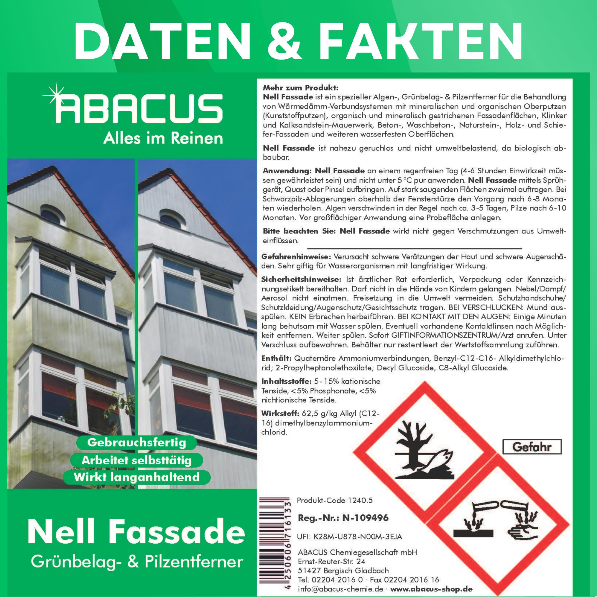 ABACUS® Fassadenreiniger, Grünbelagentferner für Fassaden, Putz & Hauswände – Entfernt selbsttätig Pilze, Flechten & Algen von Fassaden – Nur 0,1L pro m², Nell Fassade 5 Liter (1240.5)