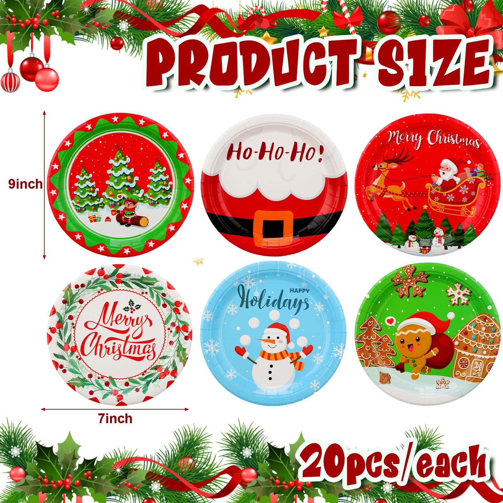 Sliner 120 platos desechables de papel para postre, Papá Noel, muñeco de nieve, corona de Navidad, reno, hombre de jengibre, para suministros de fiesta de Navidad, decoraciones de fiesta de Navidad, 6