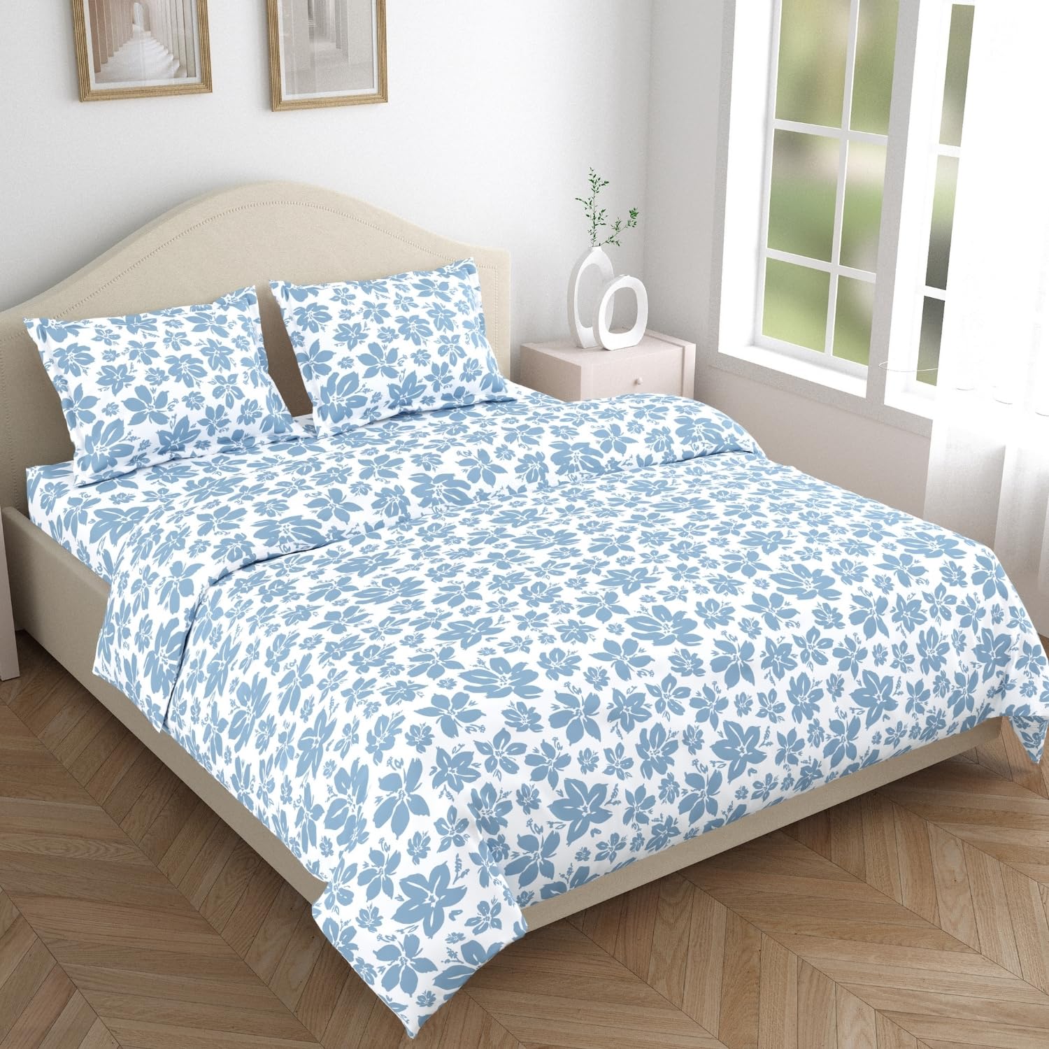 Haus & Kinder Bedsheet Queen Size Bed Cotton | 144 TC Bed Sheet Double Bed with 2 Pillow Covers (100 x 90 Inches) | Soft Breathable Fabric - Floroise