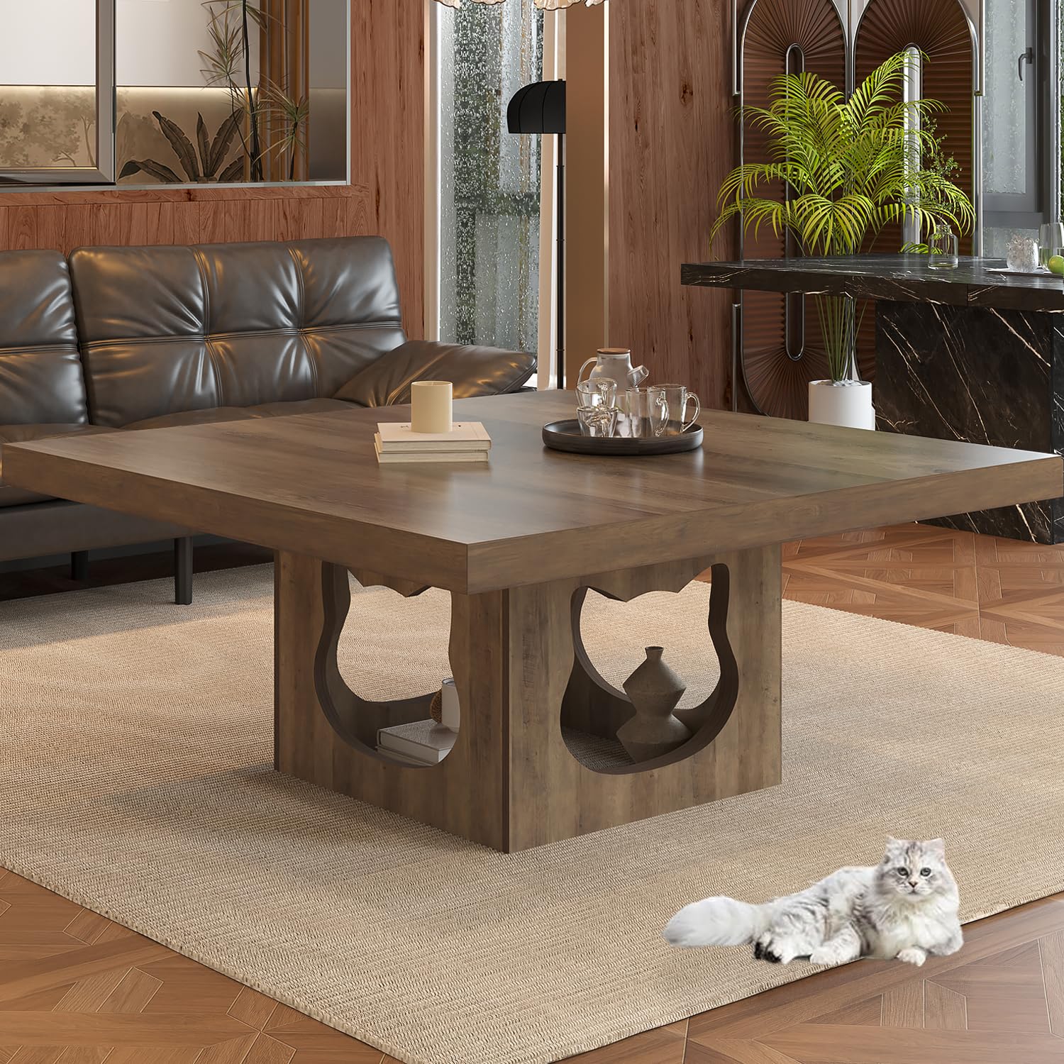 HSH Couchtisch Holz Wohnzimmertisch Sofatisch Beistelltisch Couchtisch mit Katzenhaus Kissen Industrieller Quadratischer Tish Rustikal Eiche 90 cm