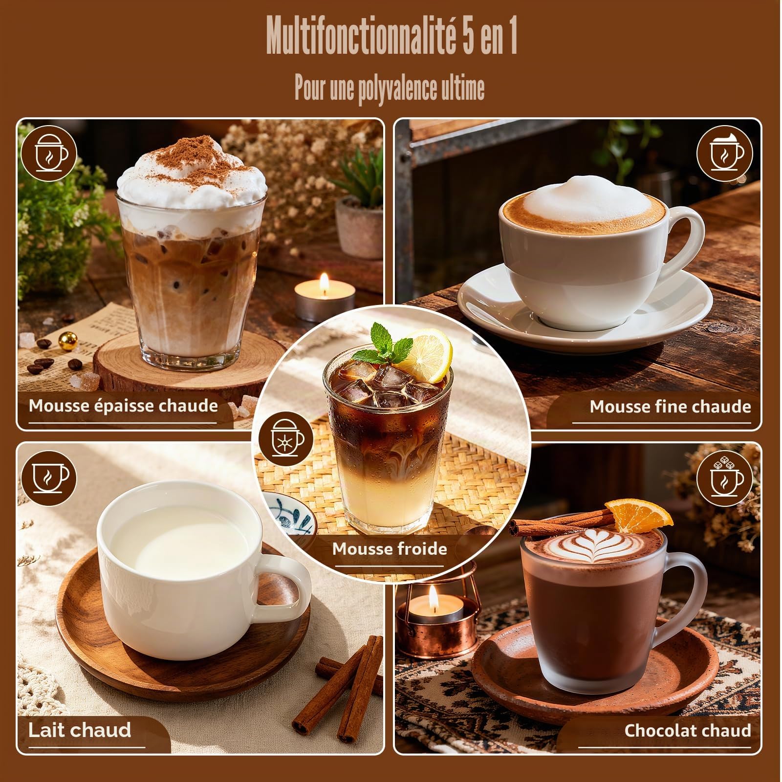 Mousseur à lait électrique – Mousseur 5-en-1, Pichet en acier inoxydable 500 ml, bol amovible et compatible lave-vaisselle, contrôle de la température, pour lait chaud et froid, cappuccino, latte