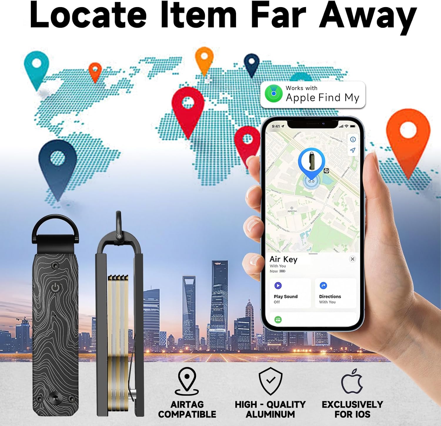 Keychain, Works with Apple Find My (iOS Only), Minimalist Metal Compact Key Organizer, Car Key Chains with GPS Tracker, Key Finder, Key Holder for Keychain, Up to 5 Keys, Striped Black