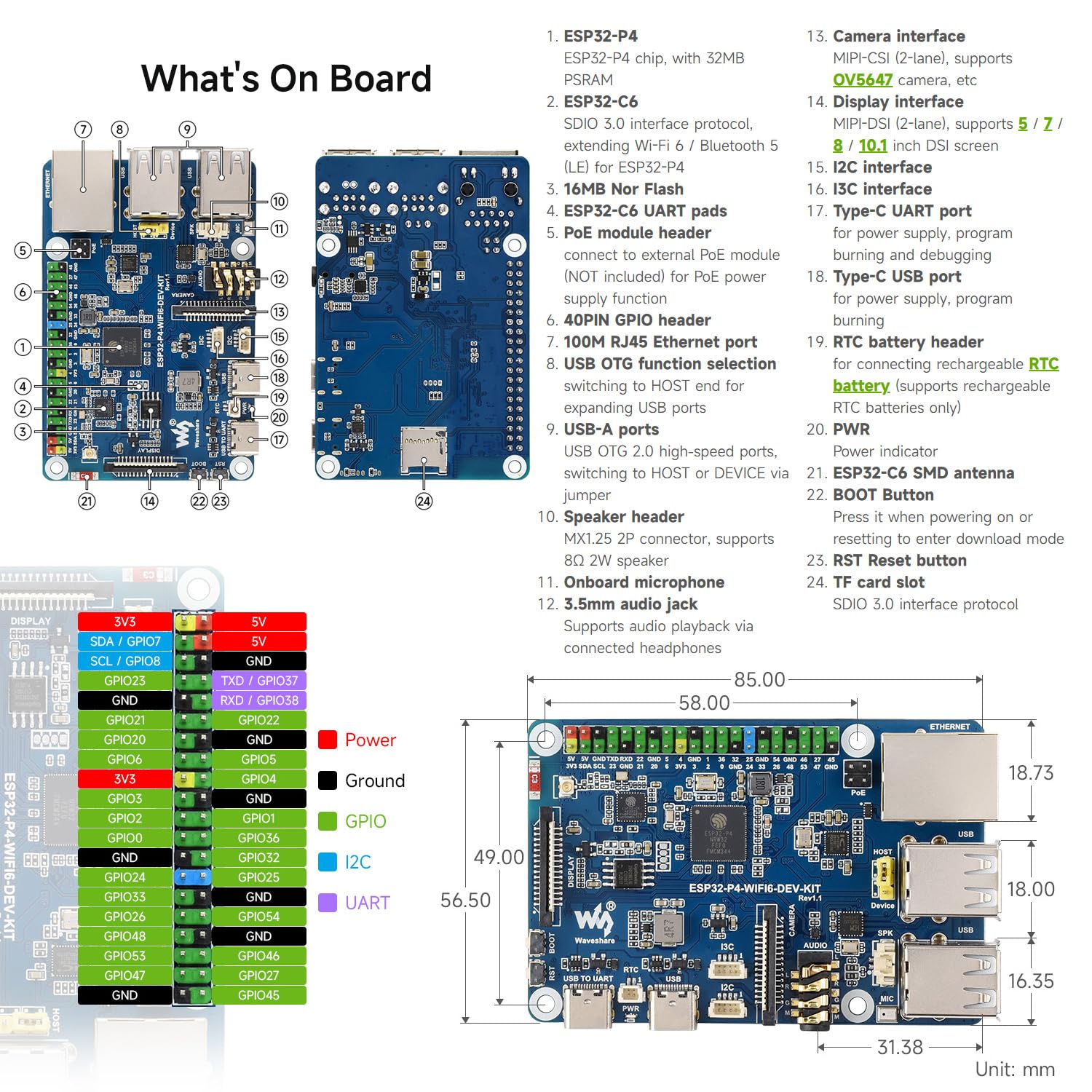 Waveshare ESP32-P4-WIFI6-DEV-KIT High-Performance Development Board, Based on ESP32-P4 & ESP32-C6, Supports Wi-FI 6, BT 5 & BLE 5, Bundle with Board, Speaker and Cable
