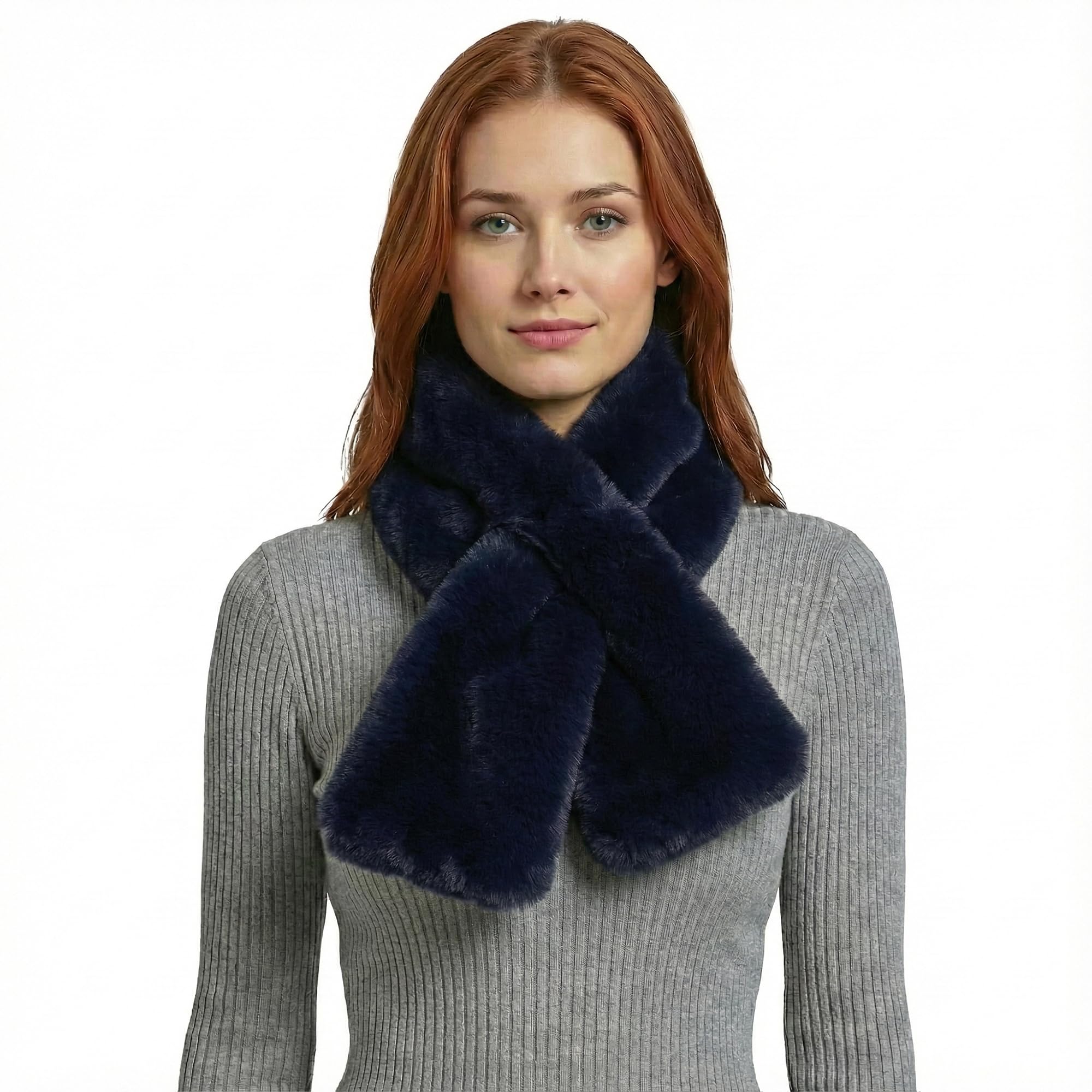 Basic Sense Women's Faux Fur Scarf Fluffy Pull Through Neck Warmer with Holder, Navy