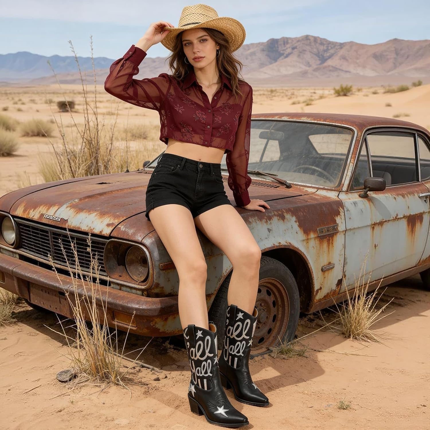 Western Cowboy Boots for Women Mid Calf Embroidered Metallic Cowgirl Boots Pointed Toe Chunky Block Heel Pull on Boots Concert Festival Casual