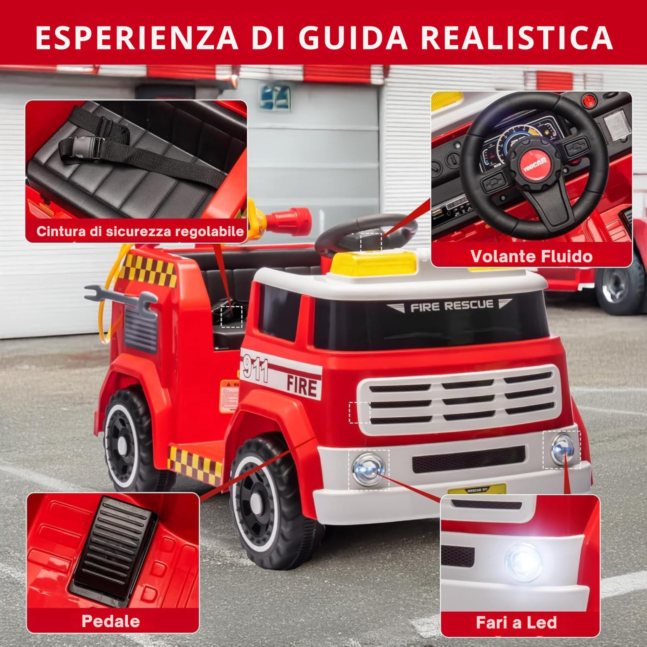 Camion Pompieri Cavalcabile Elettrico 12V per Bambini – Veicolo con Sirena, Luci Lampeggianti, Estintore ad Acqua, Microfono, Telecomando, Musica, LED, USB, Cintura di Sicurezza