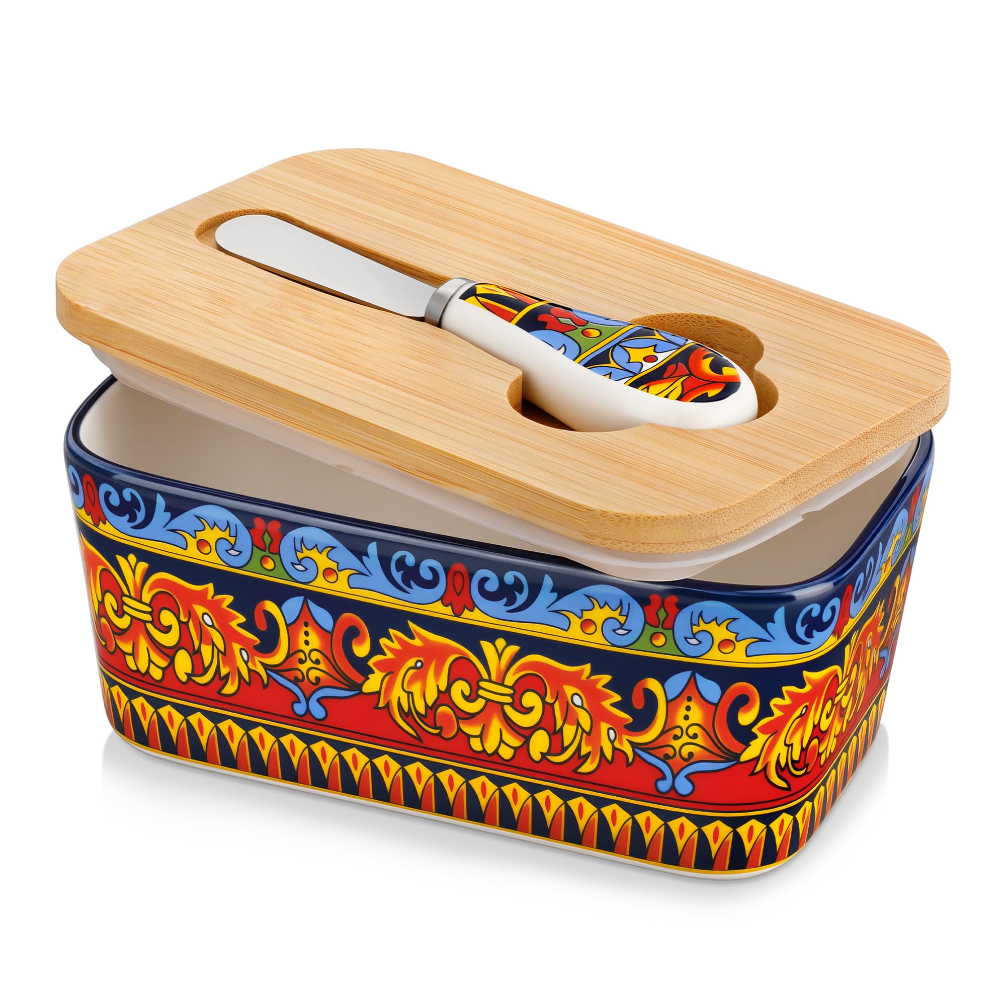 vancasso KRVI 480ml Porcelain Butter Dish with Lid, Sicilian Carnival